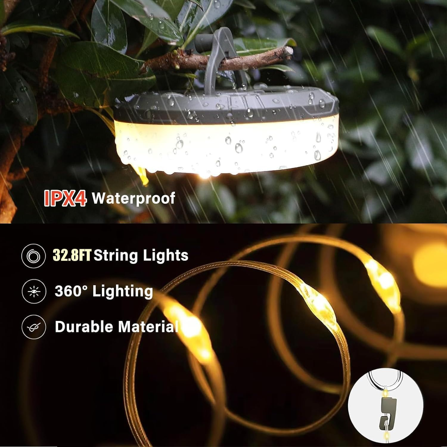 Camping String Lights with Camping Lantern and Flashlight, 3 in 1 Outdoors String Lights with 8 Lighting Modes(32.8Ft/10M), Quick 30S Recovery, Durable, USB Charging, Rechargeable, Waterproof image number 3