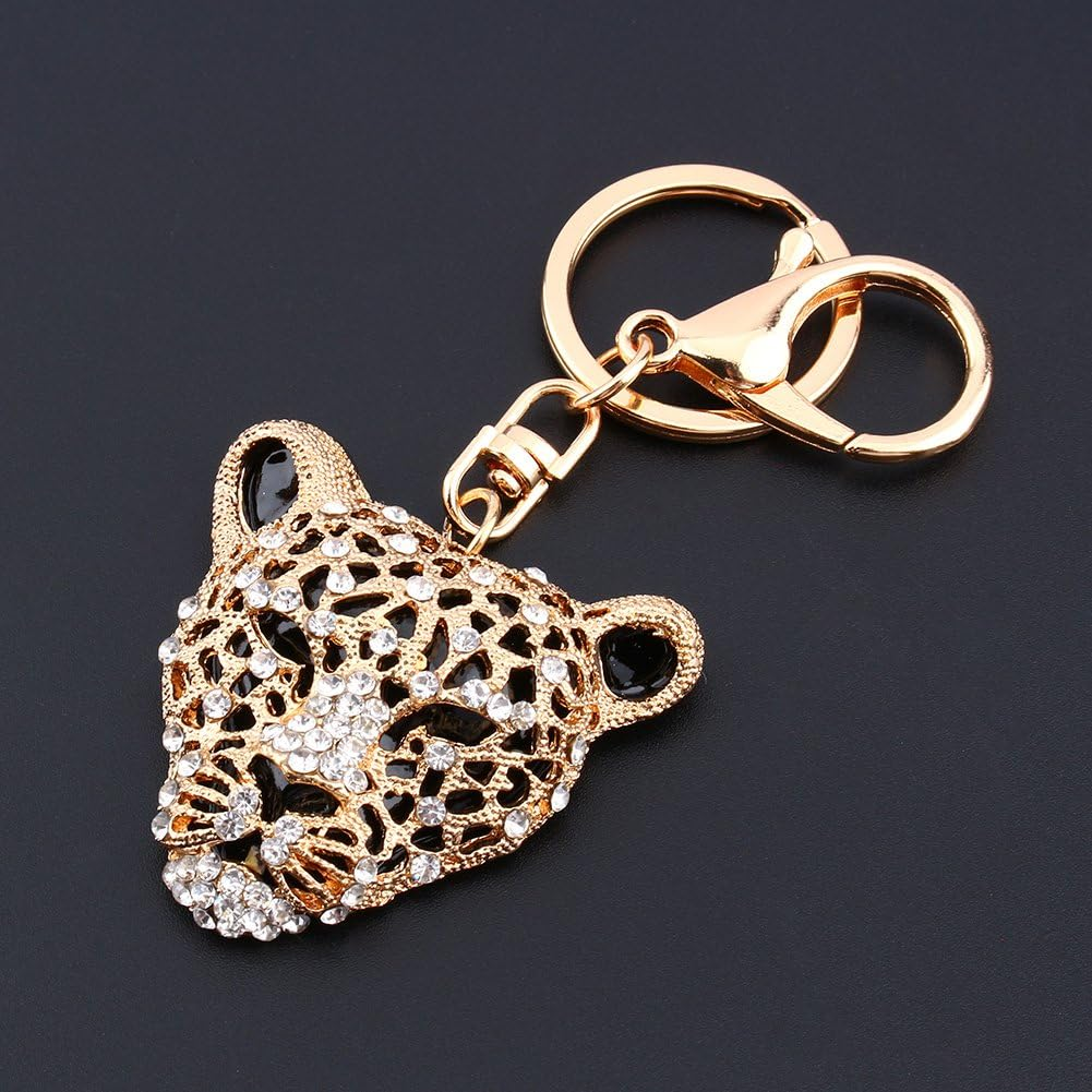 Haosie Leopard Bag Pendant, 5.1&times;5Cm Leopard Charm, Gold Rhinestone Keychain Cute Cheetah Head Purse Key Ring Chain Sparkling Crystal Charming Decoration Adornment for Wallets Handbags Lady Girlfriend, Gold, Small image number 1