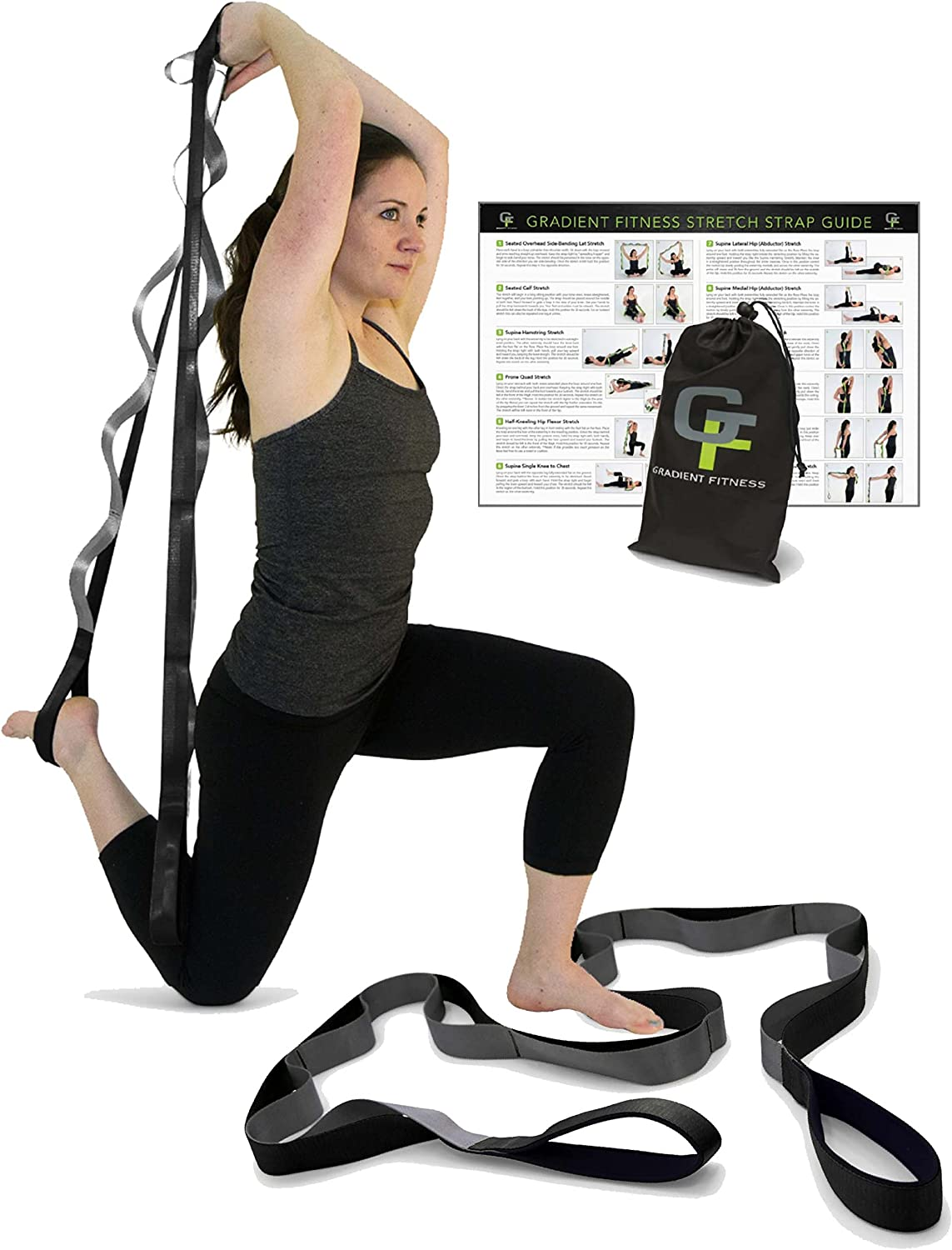 Gradient Fitness Stretching Strap, Premium Quality Multi-Loop Strap, Neoprene Padded Handles, 12 Loops, 1.5" W X 8' L