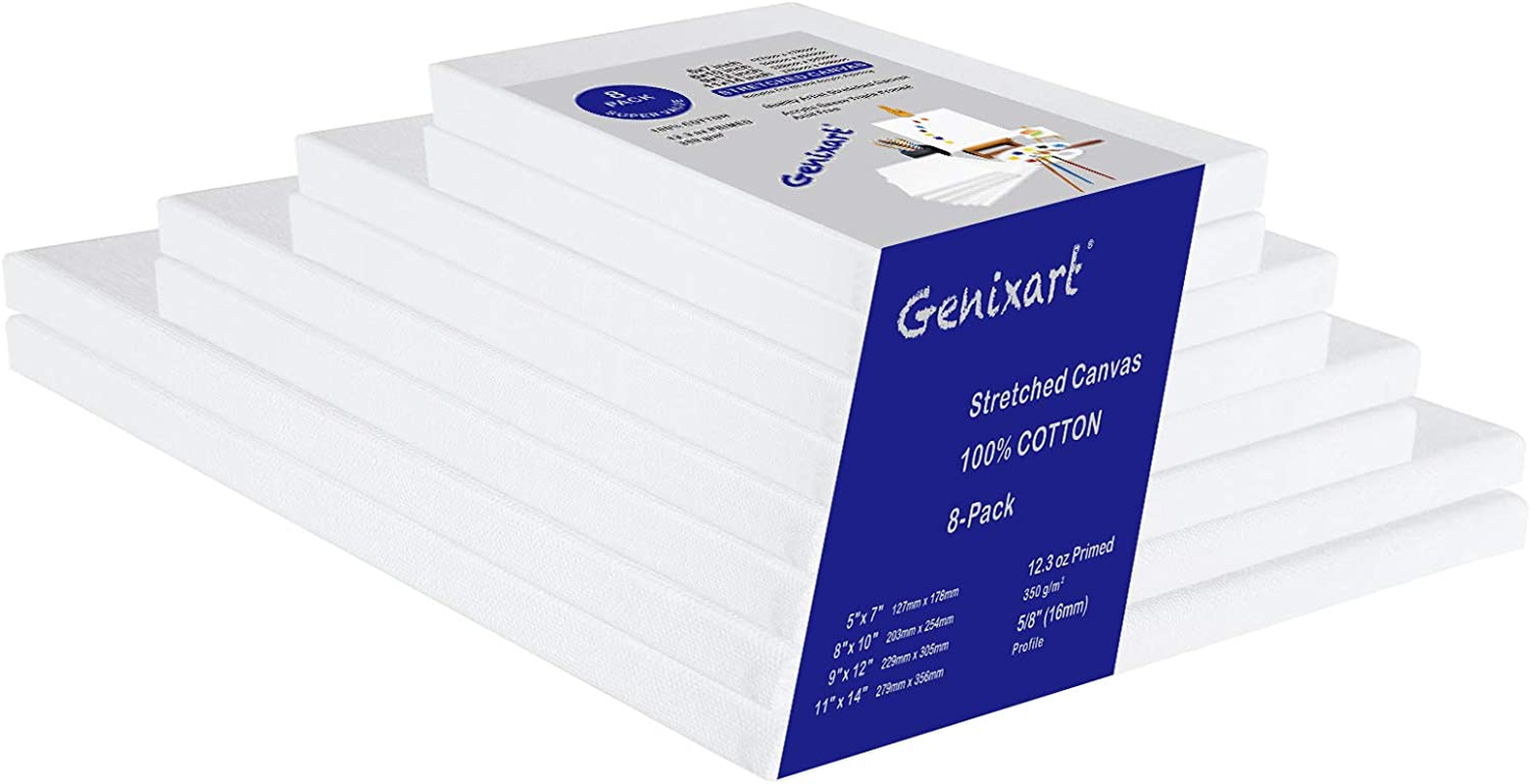 Genixart White Blank Stretched Canvas, Primed Professional Artist Canvases for Acrylics & Oils Painting (8Pcs Multipack)