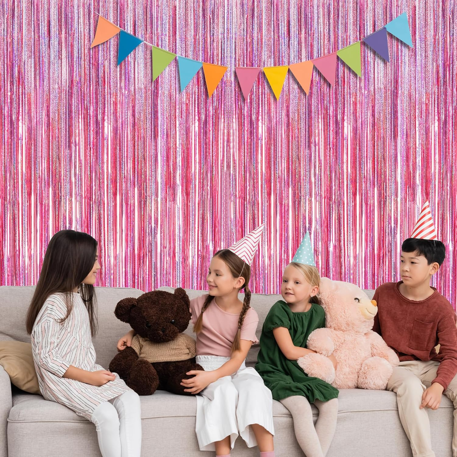 2 Pack Glitter Pink Backdrop, 3.28 FT X 7.05 FT Birthday Party Decorations, Laser Pink Fringe Curtains Foil Streamer Tinsel, Pink Curtains Photo Backdrop Happy Birthday Backdrop - Black image number 6
