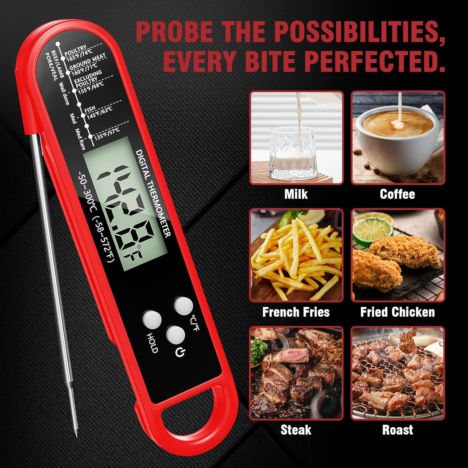Instant Read Meat Thermometer Digital - Fast 4S Reading, -58&deg;F to 572&deg;F Cooking Food Thermometer with Auto-Rotate Display for Kitchen, BBQ, Grilling (Red) image number 1
