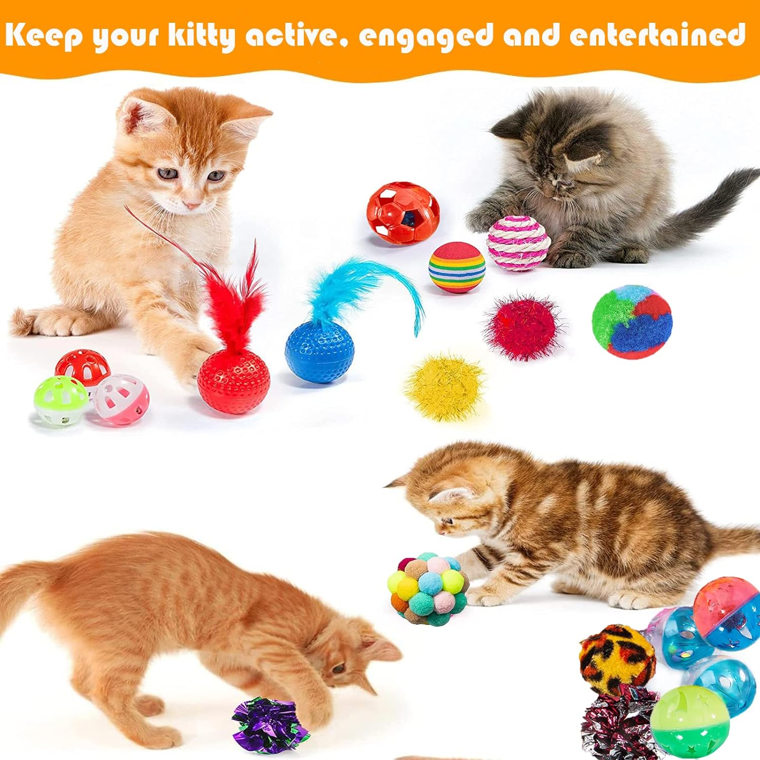 Cat Toys, 34Pcs Kitten Chew and Chase Toys Set - Indoor Cat Toys Including Rainbow Foam, Crinkle, Furry Pompom, and Sisal Balls for Kitty Pet
