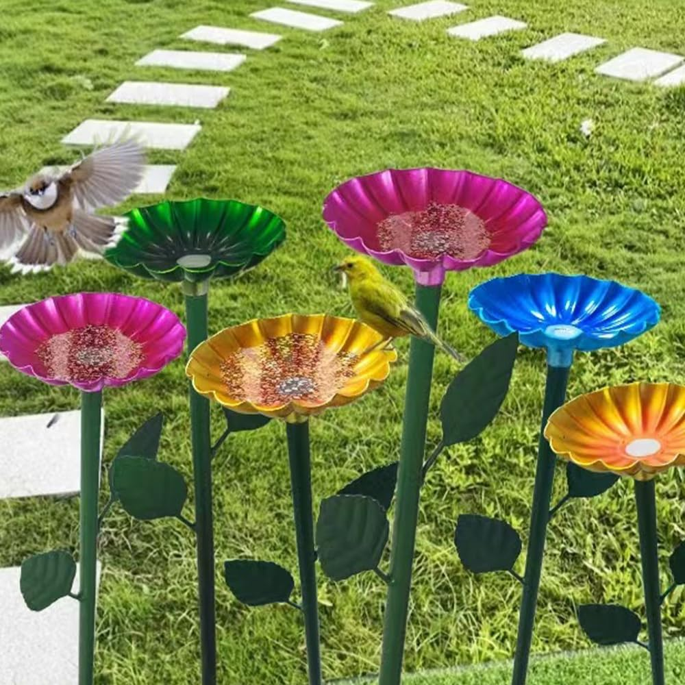 4 Pack Bee Cups for Garden Metal Bee Water Feeder with Vivid Flower Design, Bee Watering Station, Colorful Butterfly Bath Bowl Bee Cups for Outdoor Garden Yard Decor (Green,Red,Yellow,Blue) image number 5