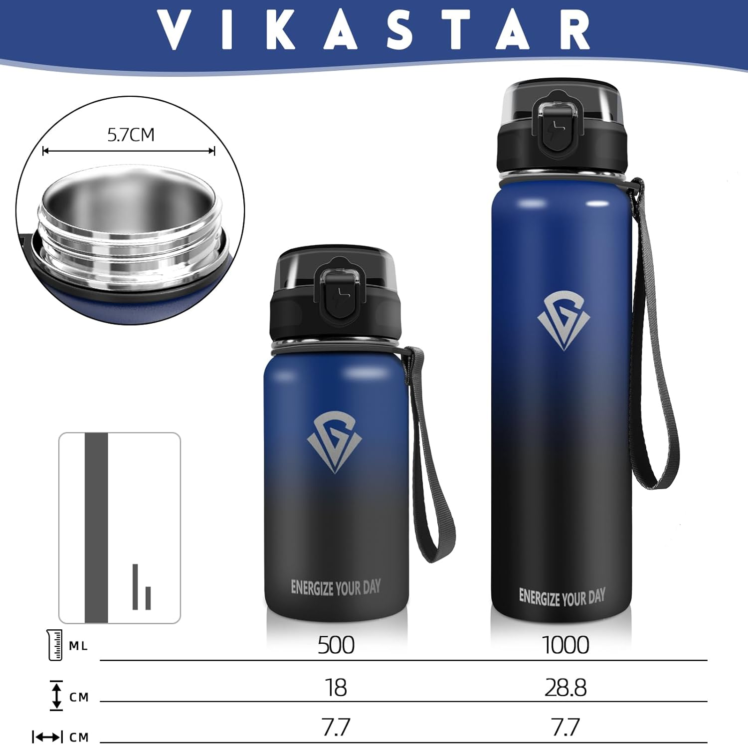Vikastar Drinking Bottle, 1 Litre Leak-Proof, Sports Water Bottle, with Time Marking & Straw, Bottles, Carbonated Drinking Bottle, Suitable for School, Bicycle, Blue Black image number 1