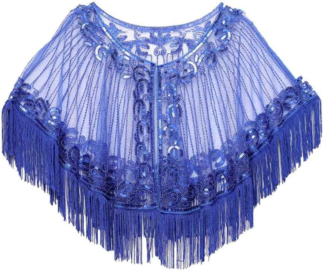 Fringed Bridal Evening Cape Beaded Sequin Deco 1920S Wraps Shawl Capelet Bolero Flapper Cover Up - Black-Blue image number 6