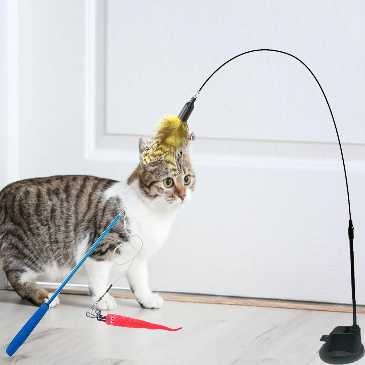 Cat Wand Toy,Cat Toys for Indoor Cats,Suction Cup Cat Fishing Pole Toy,17 Pcs Cat Toys with 14 Replacebments Feather,Cat Toys for Bored Indoor Adult and Kitten Cats image number 3