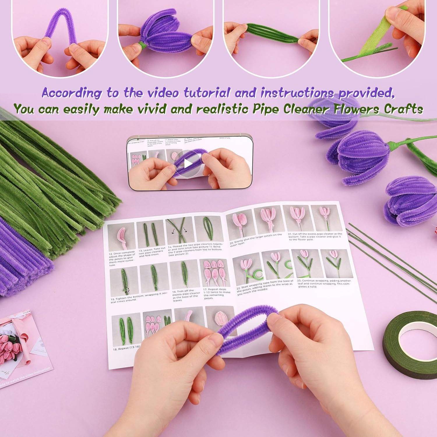 Pipe Cleaners Craft, Pipe Cleaner Flower Kit, Craft Pipe Cleaners, Chenille Pipe Cleaners with Wrapping Paper, Step-By-Step Video Tutorials for Birthday Home Decoration (Purple)