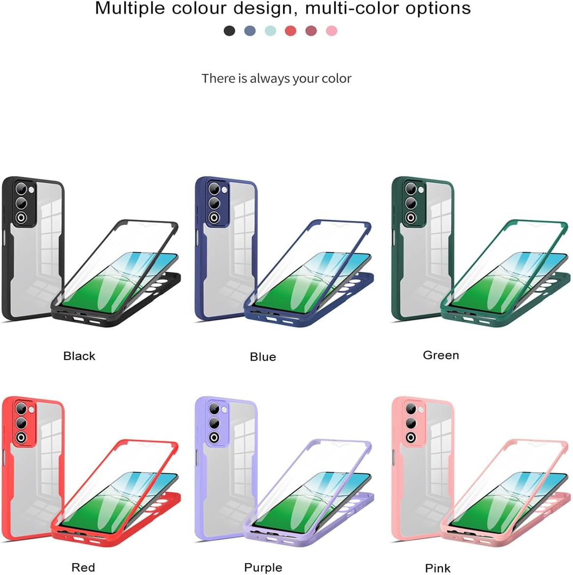 UPLAI Transparent Case for Xiaomi Redmi 15 4G/5G, 360 Degree Full Body Military Grade Shockproof Mobile Phone Case Built-In Screen Protector, Soft TPU Bumper Protective Case, Purple - Green image number 2