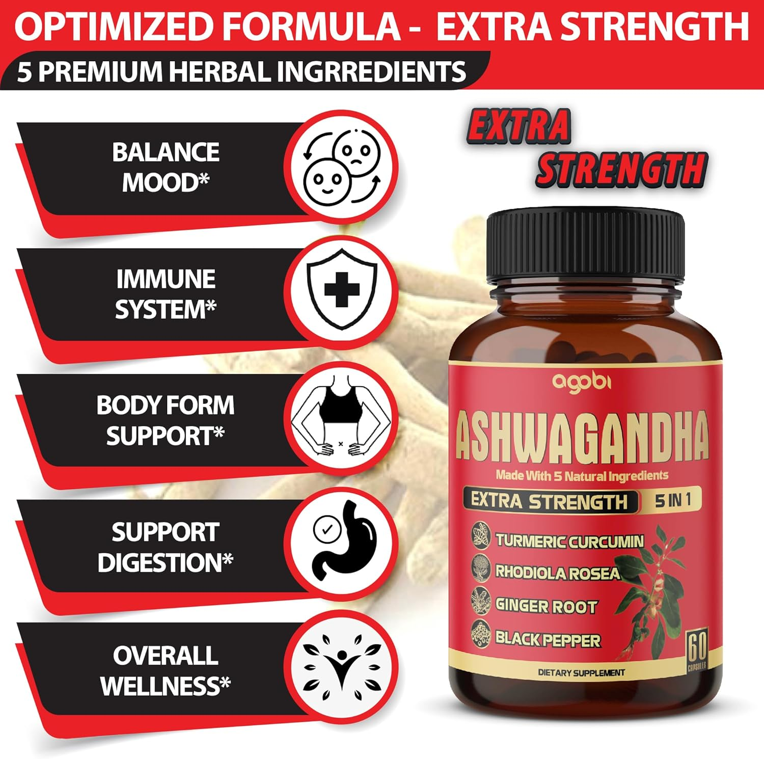 3 Packs 60 Capsules for 6-Month Supply - 5 in 1 Organic Ashwagandha Supplements 5200Mg - Combined with Turmeric, Ginger, Black Pepper & Rhodiola - Support Restful Mood, Strength & Energy Production