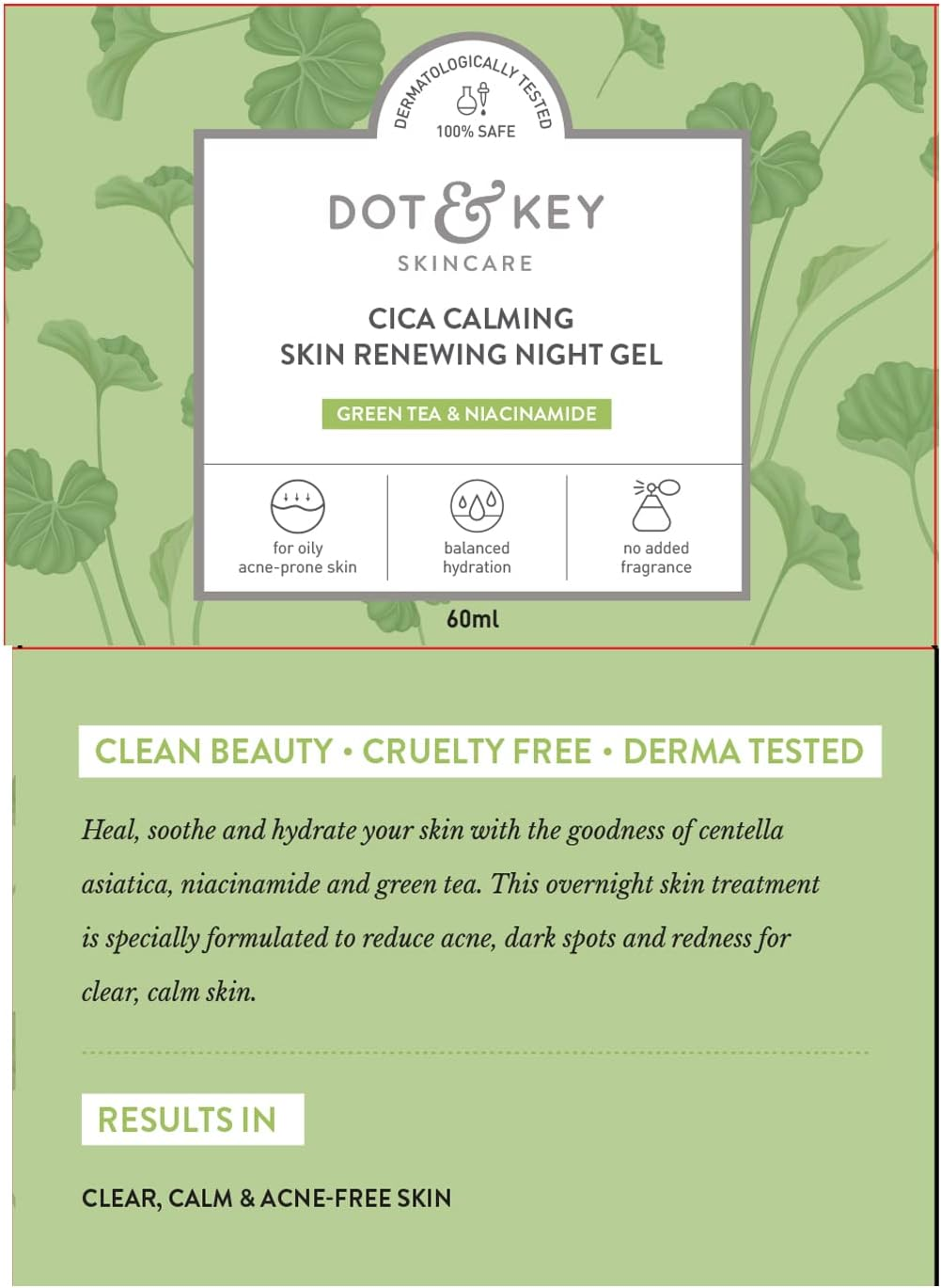 Dot & Key CICA Calming Skin Renewing Night Gel | for Oily, Acne Prone and Sensitive Skin | Night Cream with Niacinamide, Green Tea & Hyaluronic | Fades Blemishes & Dark Spots | 60Ml image number 5