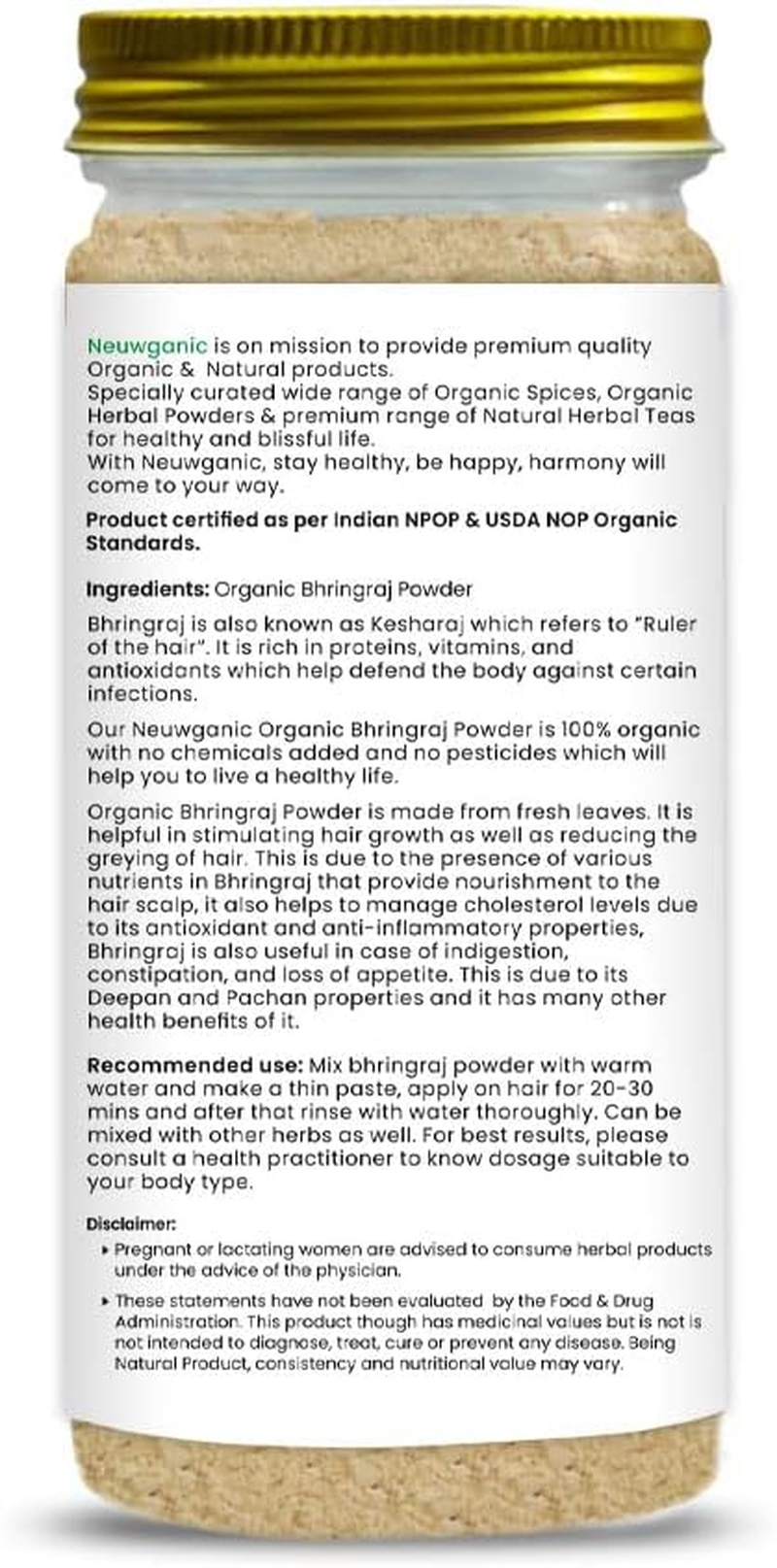 Neuwganic - Organic Bhringraj Powder | India Organic and USDA Organic Certified | Ideal for Hair Care | 200 Gm Pack of 1 image number 3