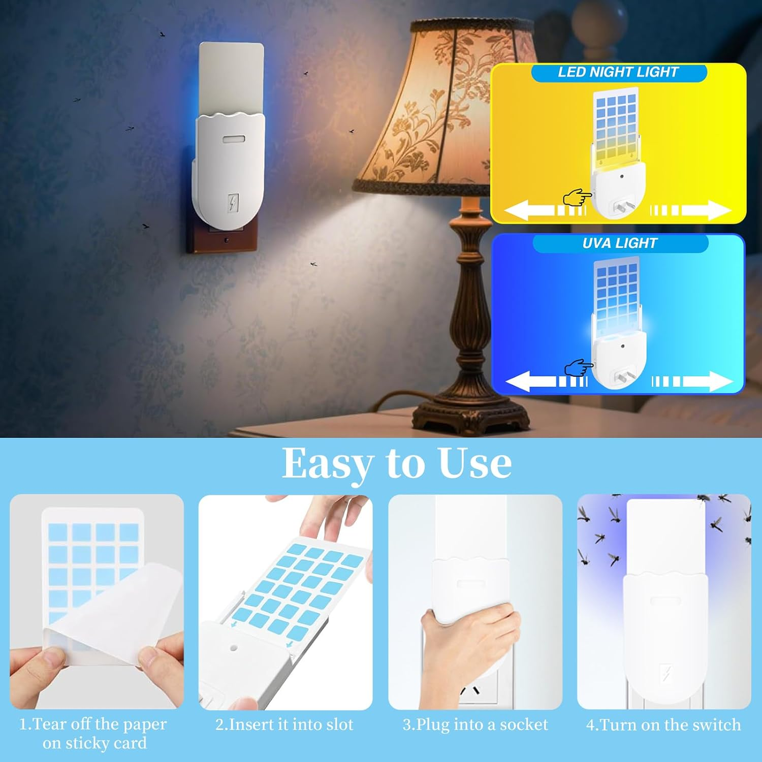 2 Flying Insect Trap Bases & 10 Sticky Glue Cards, Plug-In Fruit Fly Traps Effective for Gnats, Moths, Mosquitoes, Flies, Indoor Insect Trap with Night Light for Kitchen, Bathroom, Bedroom (Black)