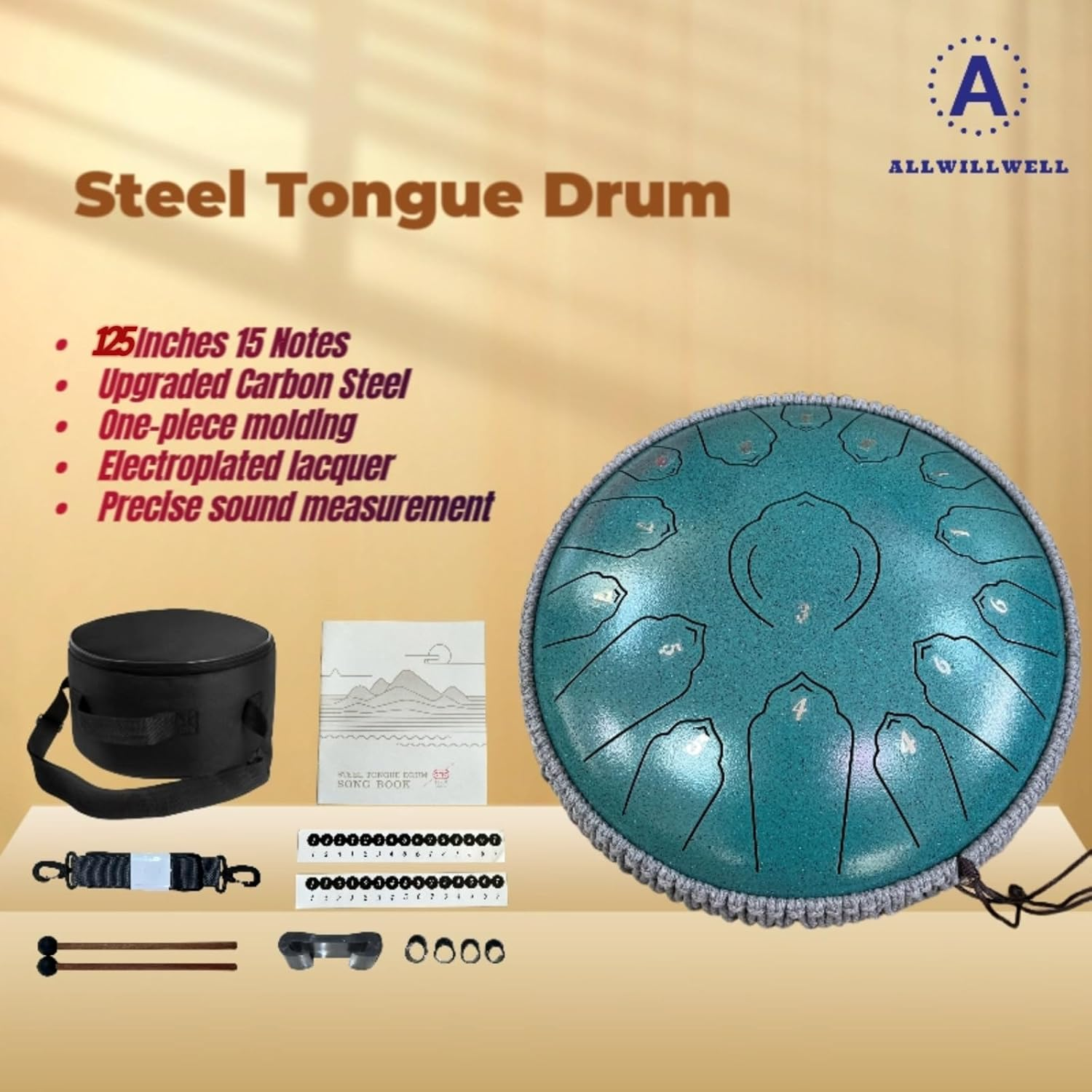 Steel Tongue Drum 15 Tone 12.5Inch Premium Carbon Steel D Tuning Instrument for Adults and Kids Professional Sound Healing Meditation Music Therapy Hand Drum Rain Drum Musical Instruments Gift (Green) image number 1