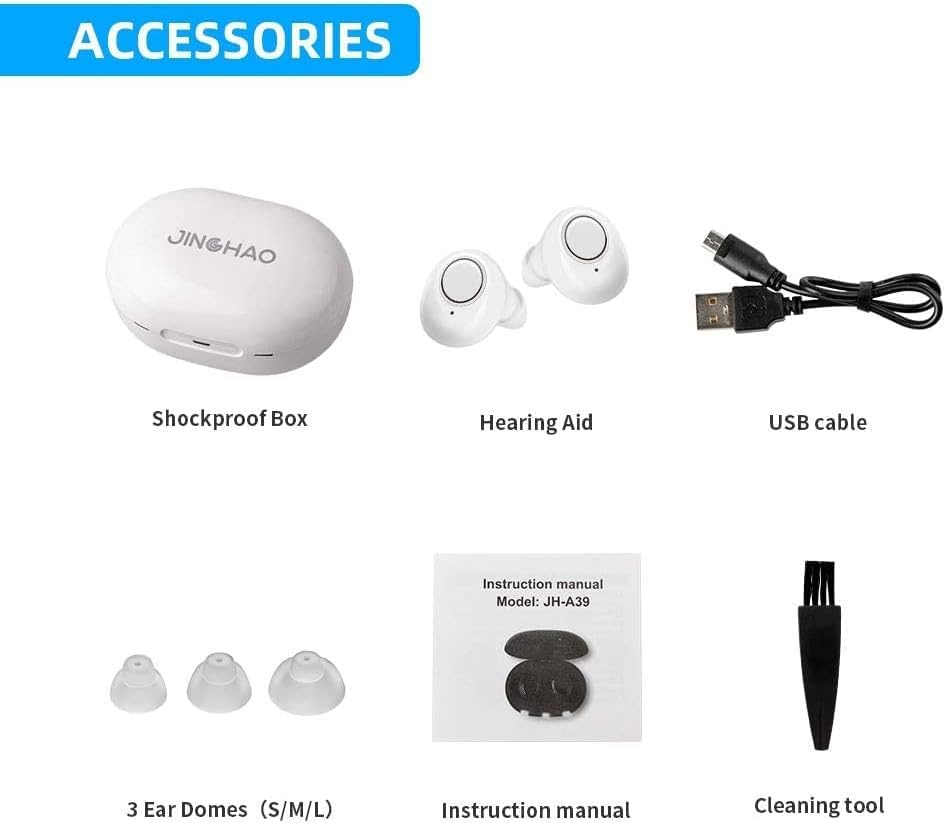JINGHAO Hearing Aids Amplifier Rechargeable with USB Charger Case for Seniors, White image number 2