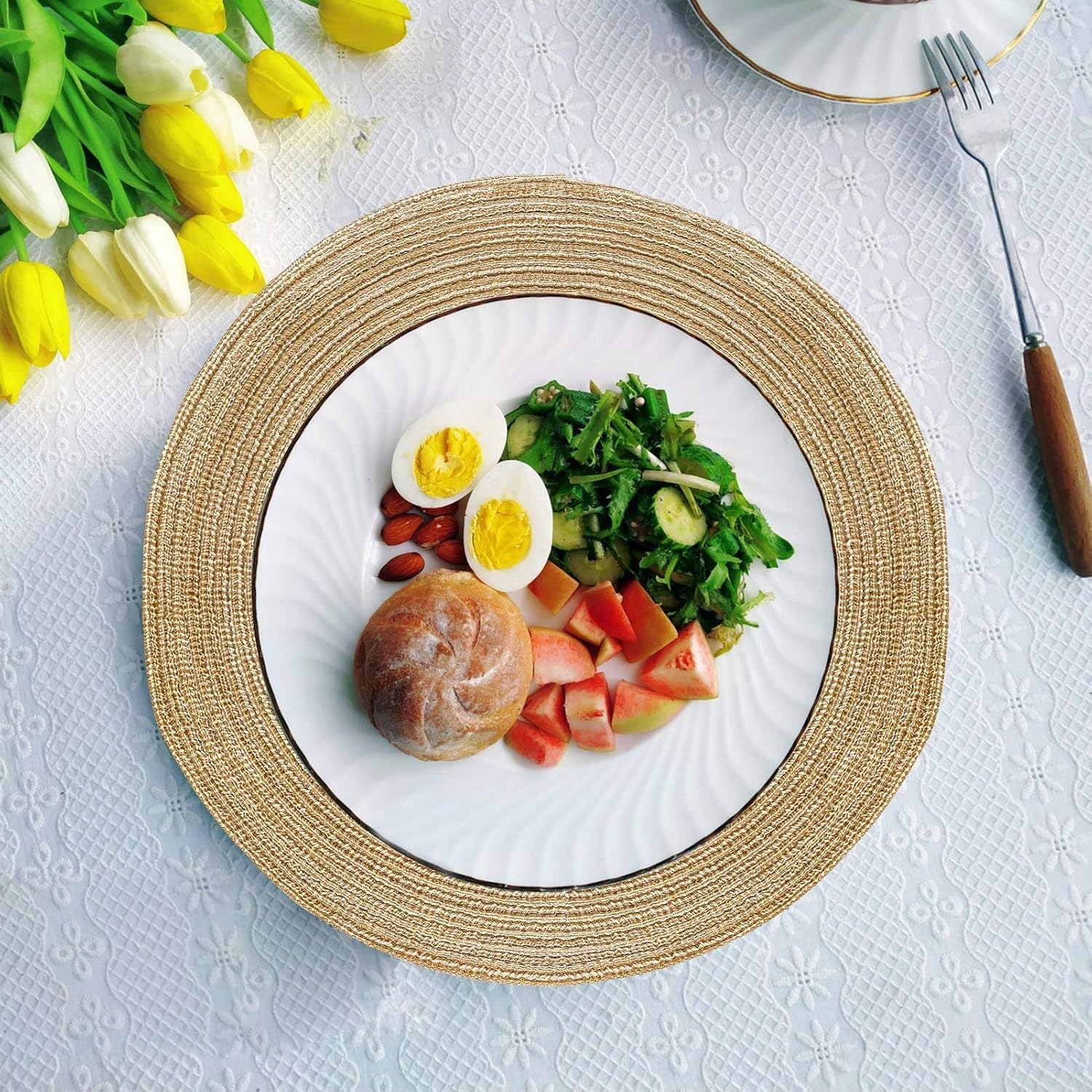 Round Placemat for Dining Table, 4-Piece High Temperature Resistant Non-Slip Kitchen Counter Mat, 14 Inches in Diameter for Barbecue, Christmas Party and Ddaily Use (4, Beige) - 6, Rainbow image number 5