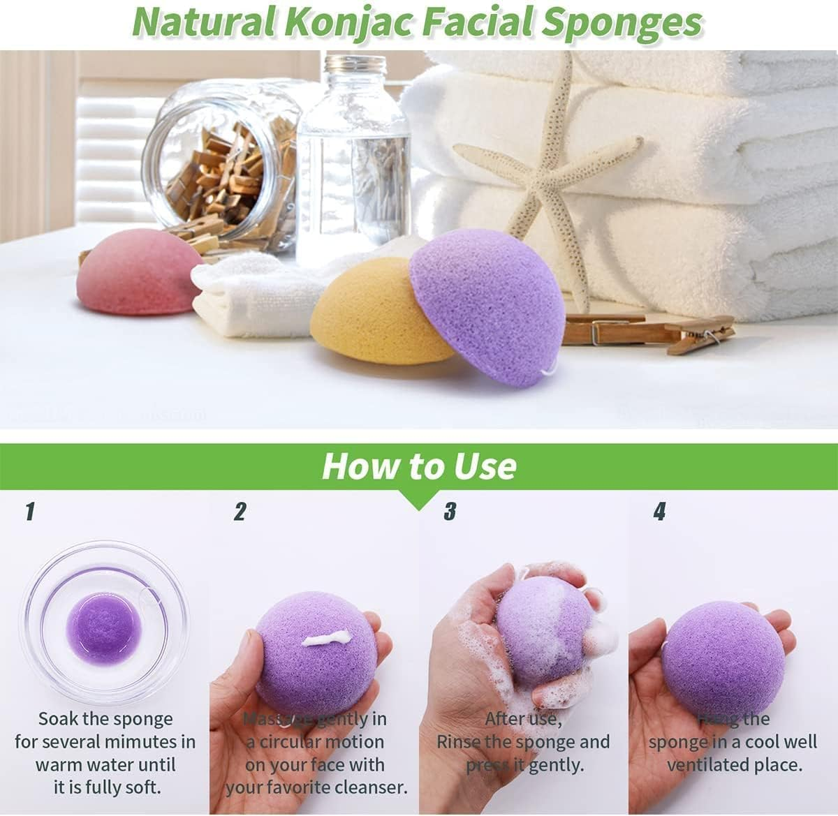 Konjac Face Sponges for Cleansing and Exfoliating, Konjac Facial Sponges for Washing Cleaning Face Body with Activated Charcoal, Natural Konjac Sponge Set for Oily Dry Sensitive Skin Skincare Tool image number 2