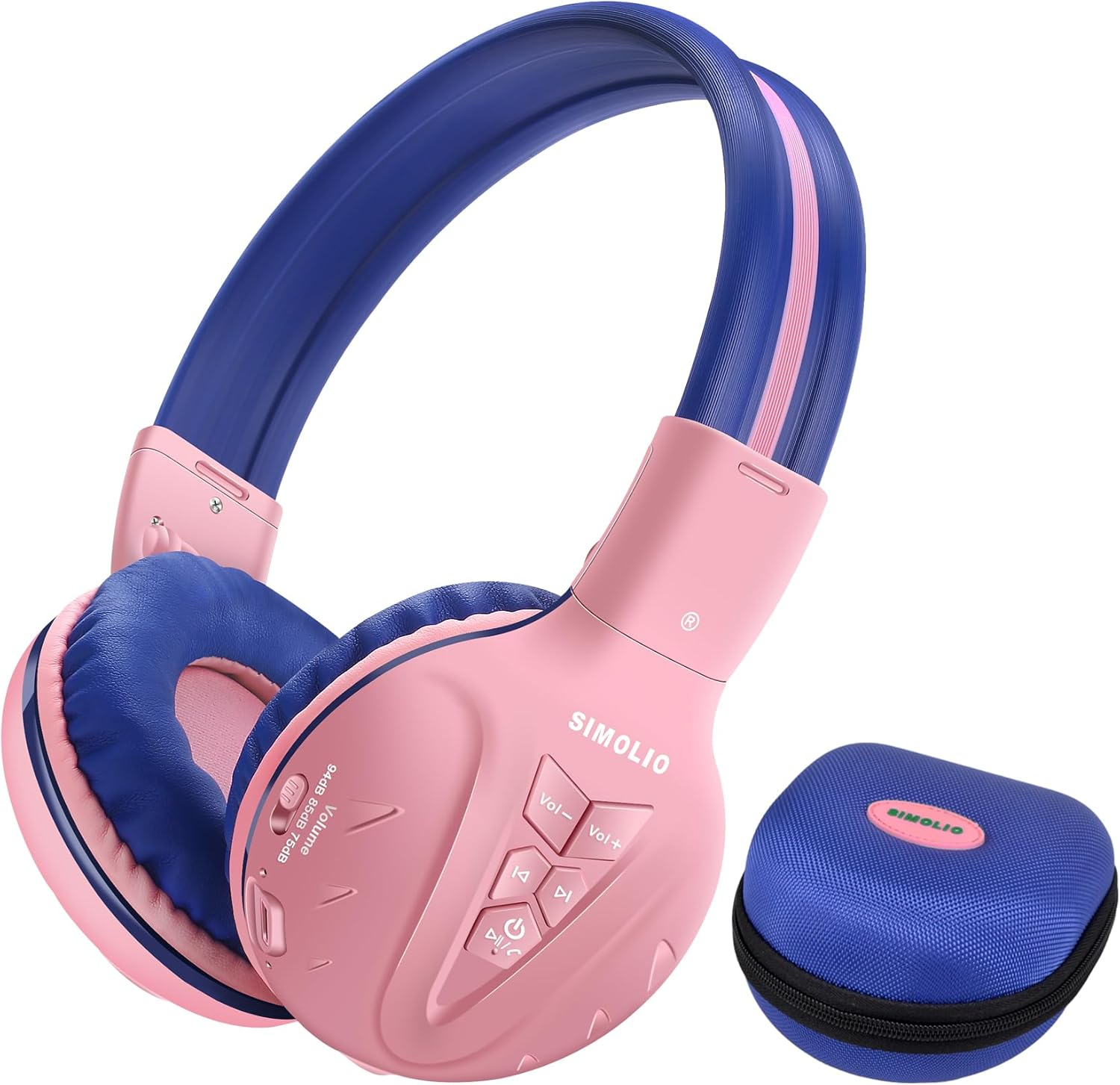 SIMOLIO Kids Bluetooth Headphones with Microphone, Wireless Childrens Headphones with Safe Volume, Foldable Adjustable Headband, Over-Ear Headphones (Pink, 1 Pack)