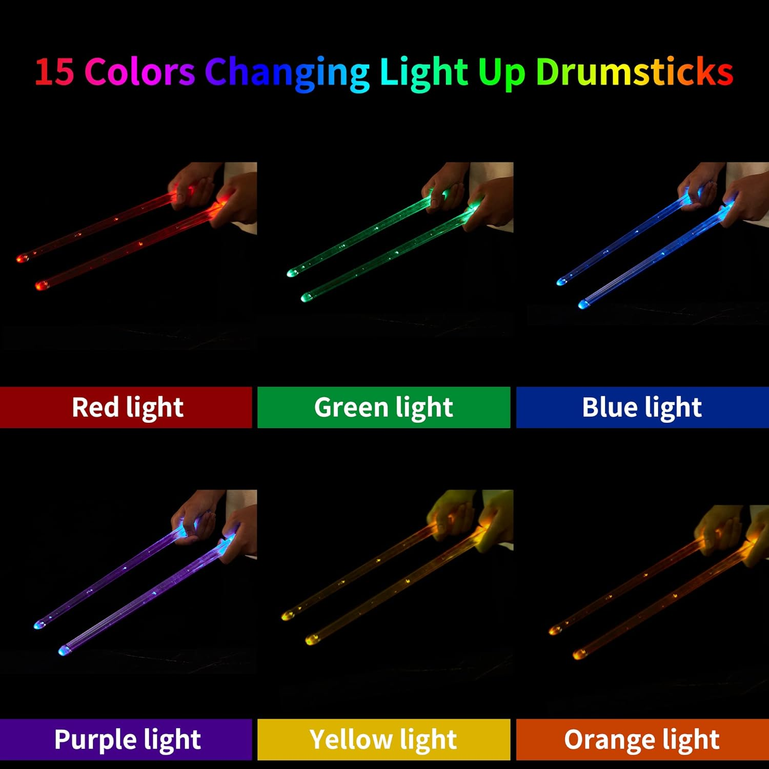 Rechargeable 15 Color Changing LED Light up Drum Sticks with Storage Bag, Glow in the Dark Drumsticks, Drummer Gifts Glow Plastic Drum Sticks for Adults,Personalized Drumsticks（２Pcs／Pack） image number 5