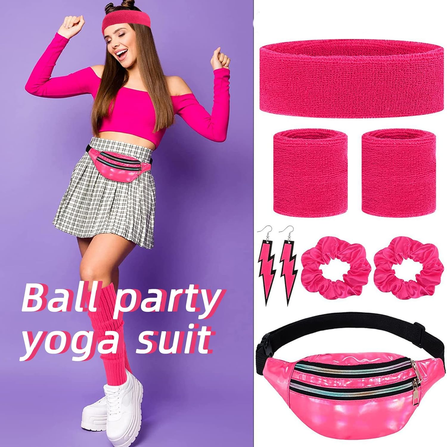 80S Women Neon Leg Warmers Headband Wristbands Holographic Fanny Pack Sport Accessories Set for 80S Eighty'S Party Yoga image number 5