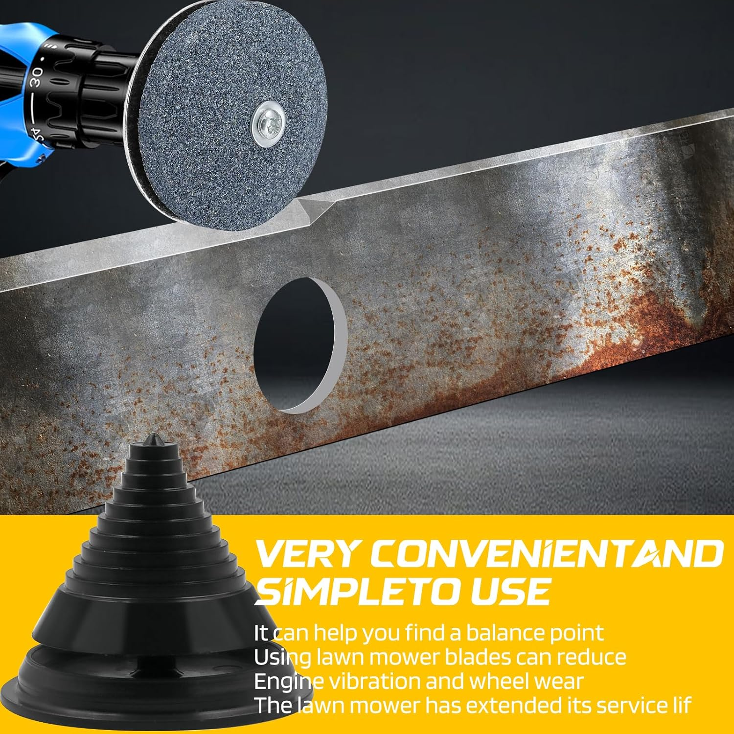 Ziyue 3 Pack Lawn Mower Blade Sharpener, Universal Rotary Lawnmower Blade Sharpen with Balancer, Garden Tool Blade Sharpeners for Any Power Hand Drill (3 Sharpener Kits+3 Grindstone+1 Balancer)