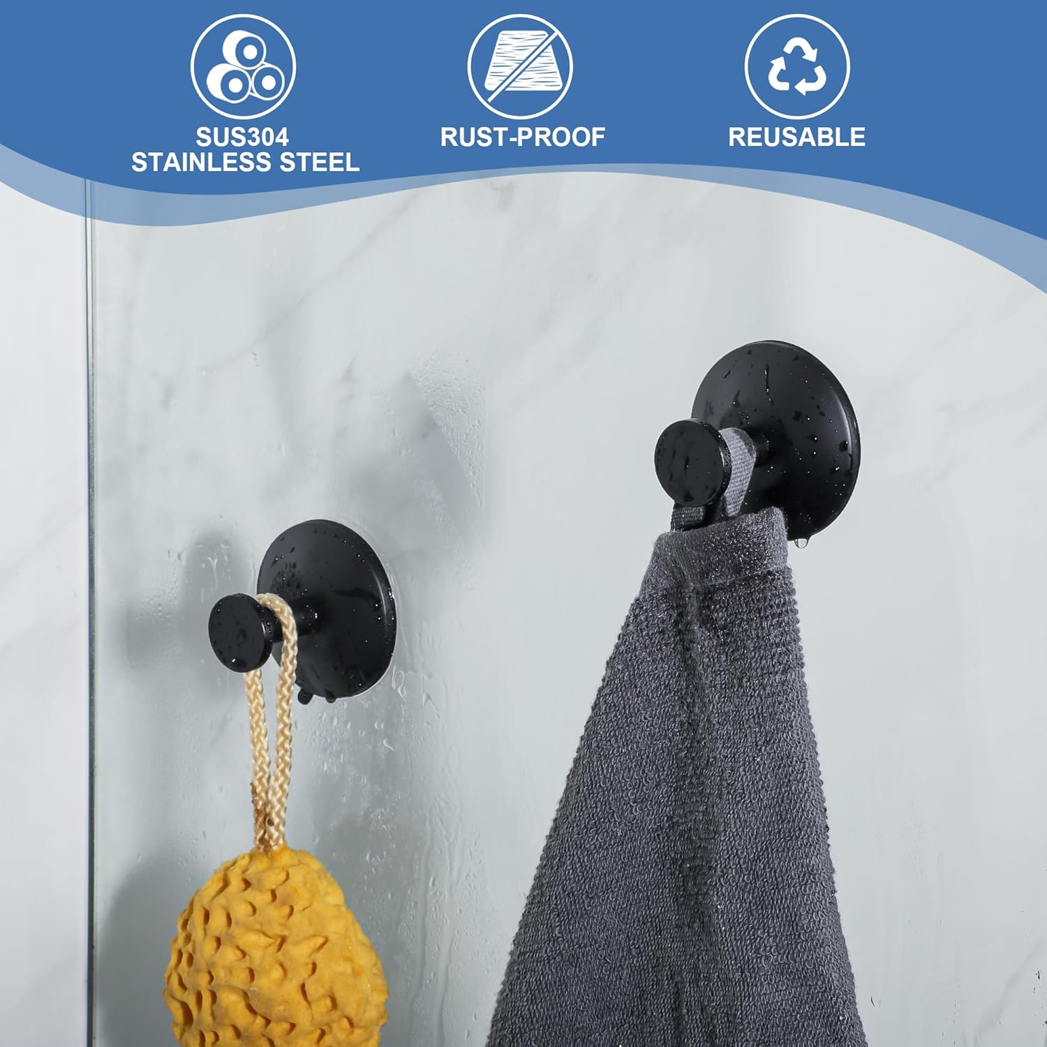 SAYAYO Suction Cup Hooks for Shower, 2Pcs Black Suction Towel Hook for Glass Window, SUS 304 Stainless Steel Bathroom Hooks for Glass Door, Mirror, Tile - Brushed image number 3