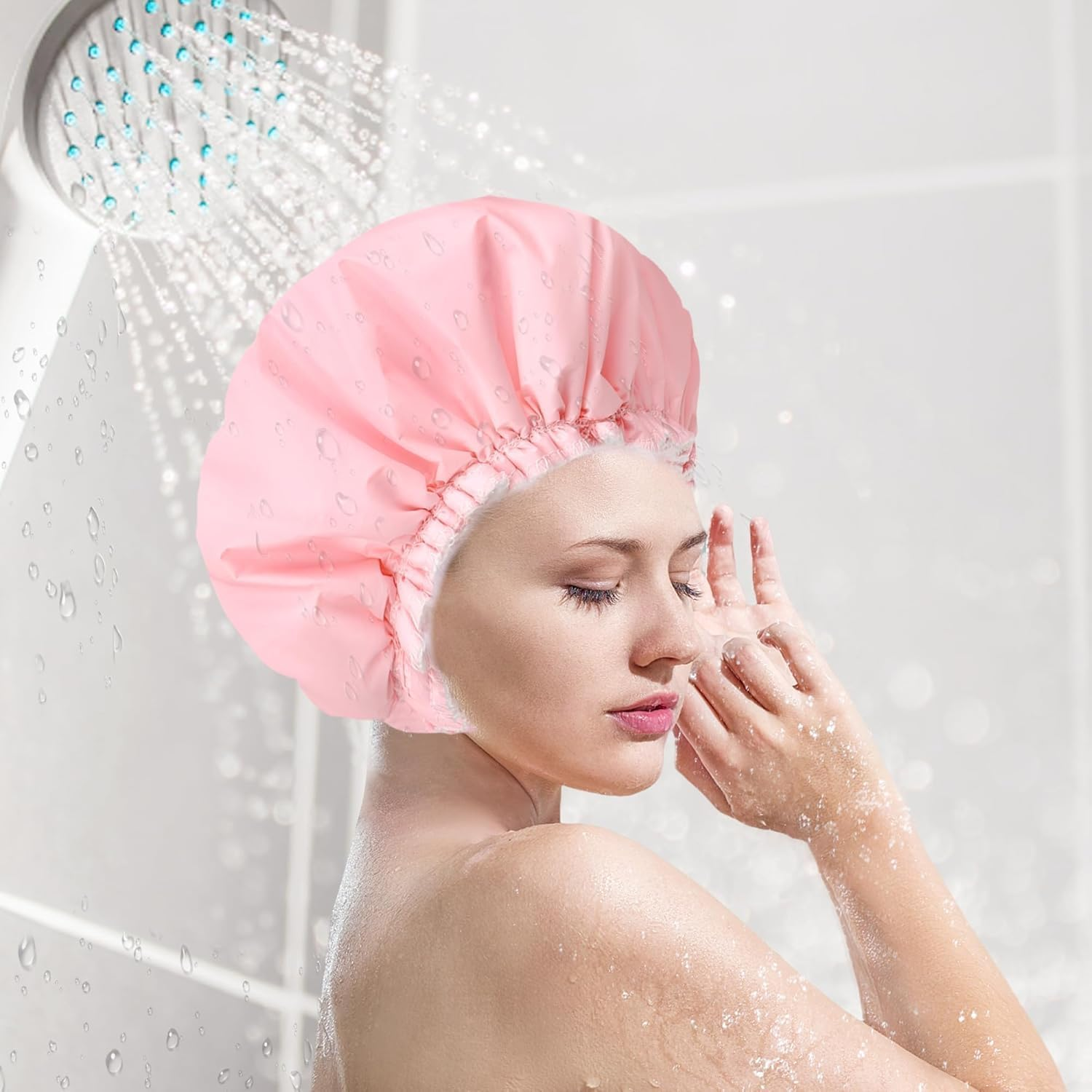 Shower Caps for Women, Terry Cloth Lined, Reusable Bath Caps, Double Waterproof Layers Shower Cap, Bathing Shower Caps, for Long Thick Hair, Waterproof Washable Soft Bath Shower Caps for Hair Care image number 1