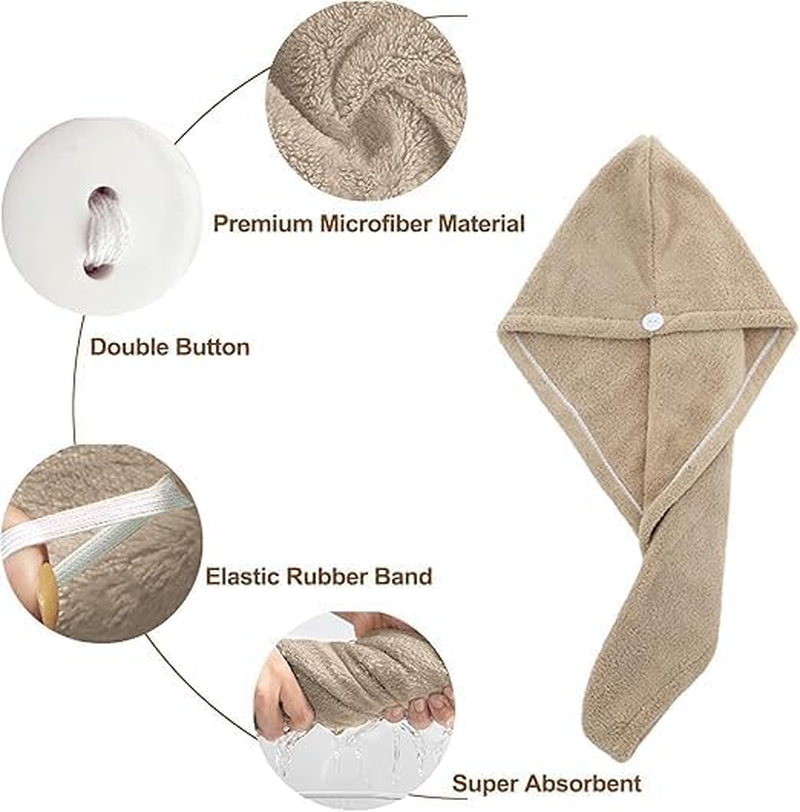 2PCS Microfiber Hair Towel - Super Absorbent Hair Turbans for Wet Hair- anti Frizz Head Towels Wrap - Drying Towels with Button for Long Curly and Thick Hair (Coffee + Grey) image number 2