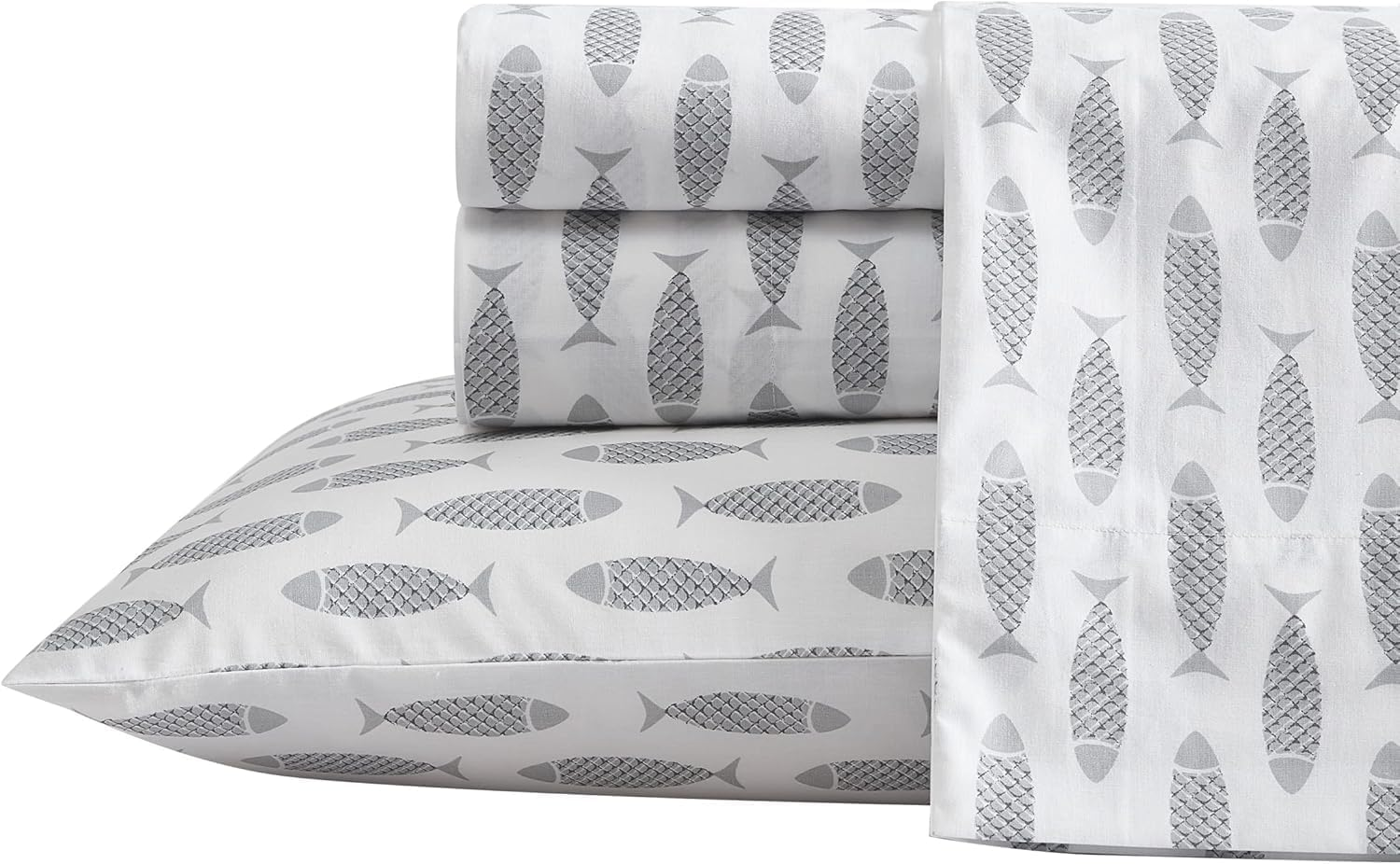 Nautica- Queen Sheet Set, Cotton Percale Bedding Set, Crisp & Cool, Lightweight & Breathable (Woodblock Fish Grey, Queen)