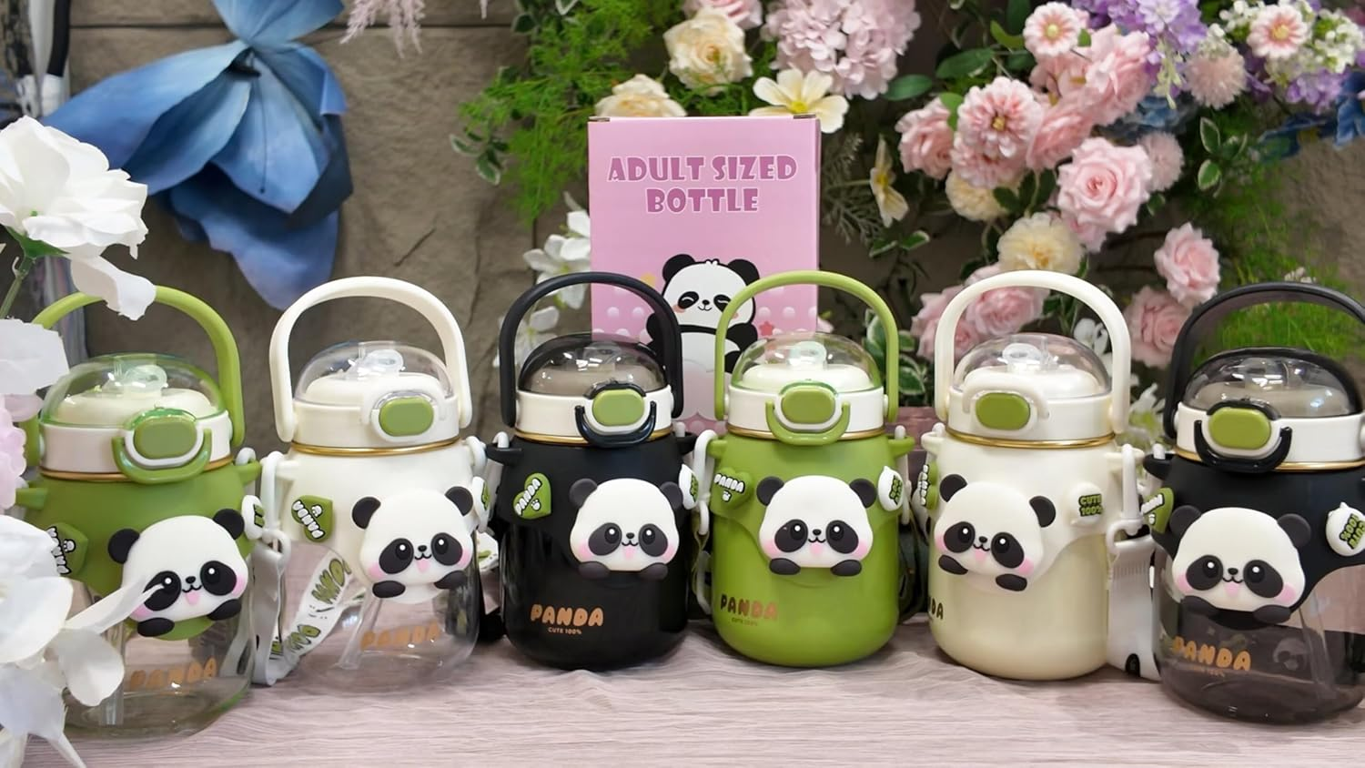 Landofgenie Insulated Stainless Steel Straw Water Bottle Cute Panda Shaped Cup Adjustable Strap Portable Handle Drinking Bottle for Gym, Hiking, School, Office, 24 Oz （Green） image number 6