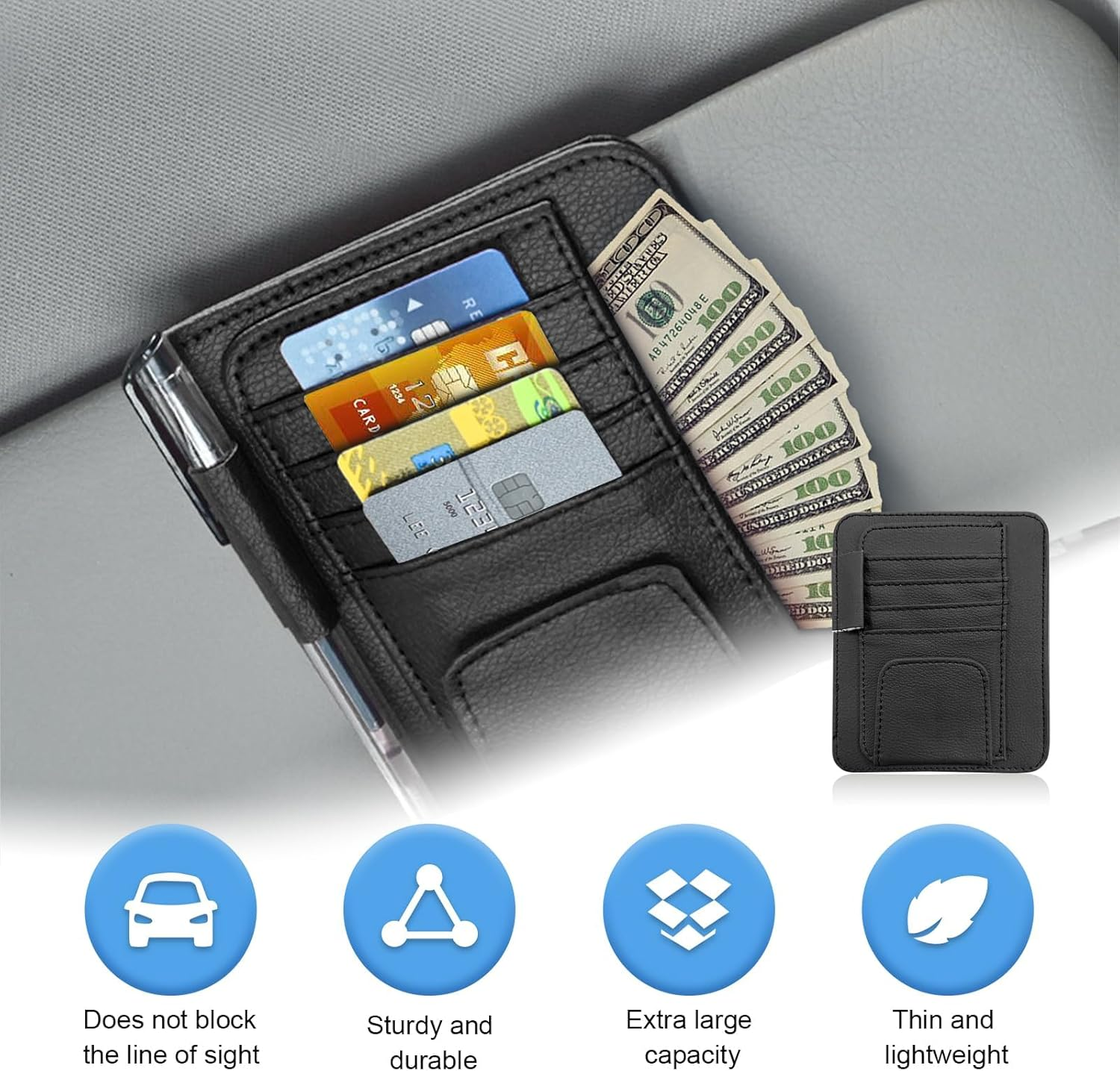 Car Sun Visor Organizer, Small Auto Visor Organizer and Storage, Registration and Document Holder, Vehicle Accessories for Sunglasses, Document, Card, Pen, Driver License (Black) image number 3