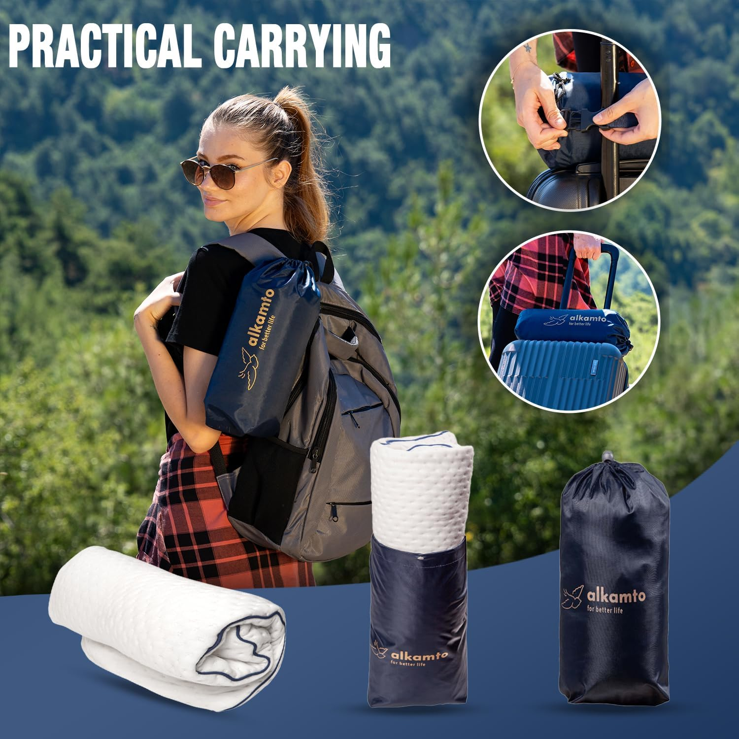 Alkamto Travel & Camping Comfortable Memory Foam Pillow with Extra Cotton Cover &ndash; Easy to Carry Portable Bag &ndash; Temperature Regulating Pillow Case - Perfect for Travelling/Fishing/Backpacking/Hiking image number 2