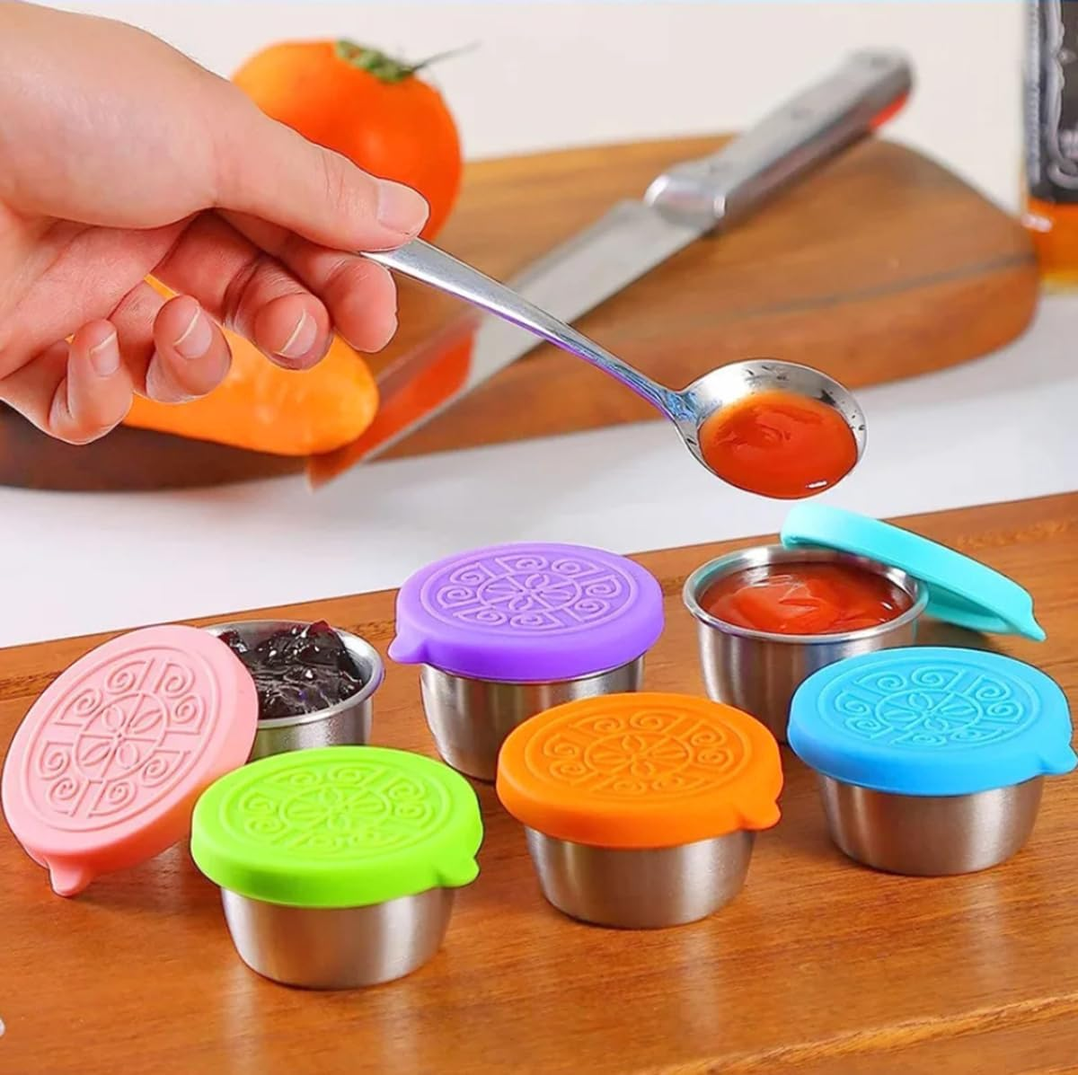 6Pcs/Set SUS304 Stainless Steel Salad Dressing Container with Leakproof Silicone Lids, Small Sauce Cups Condiment Containers for Lunch Bento Box, Picnic and Travel image number 4