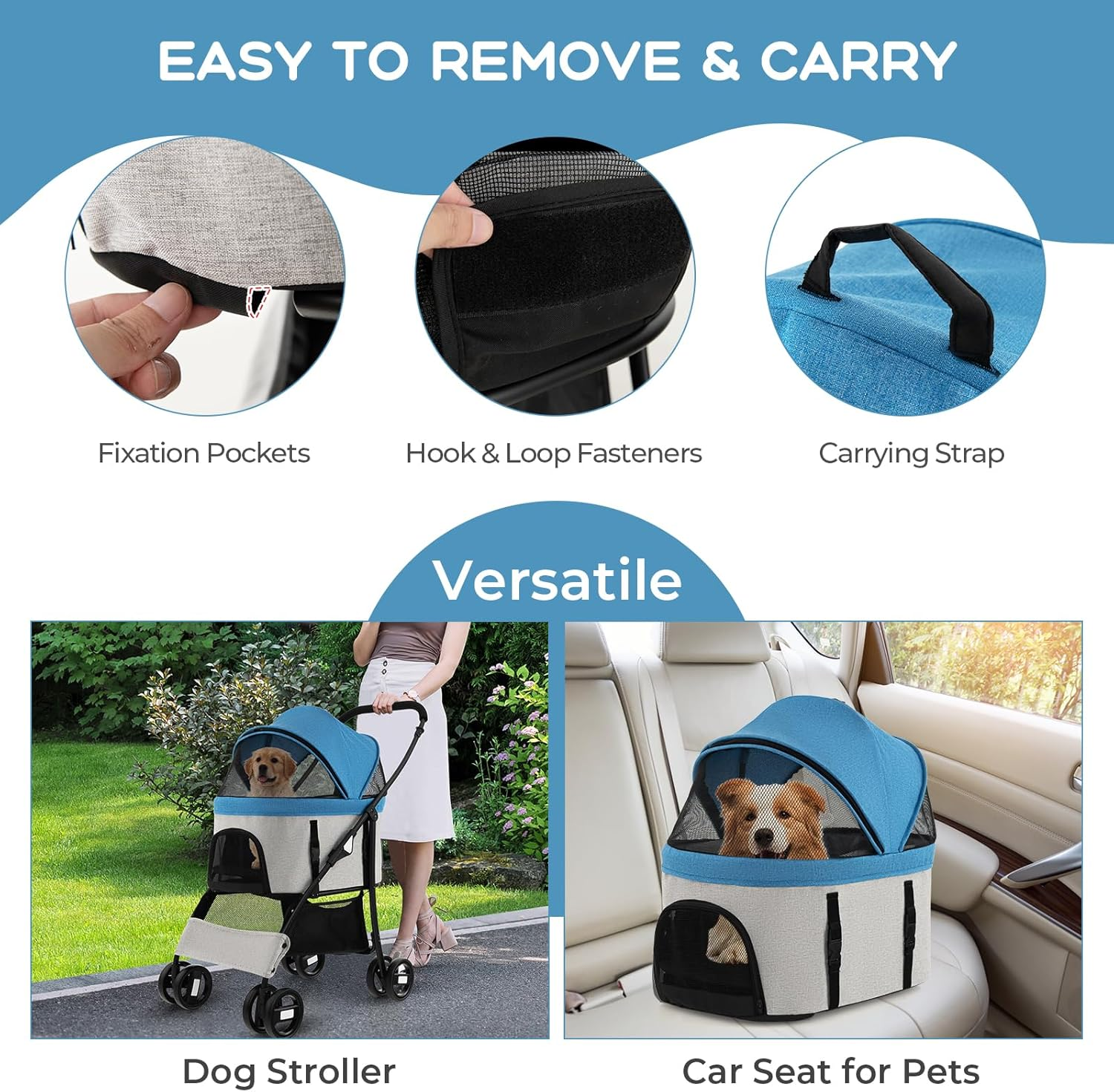 Costway 3-In-1 Pet Stroller with Removable Car Seat Carrier, Foldable Dog Cat Stroller with 4-Level Adjustable Canopy & Storage Basket, 4 Wheel Travel Strolling Cart for Small & Medium Sized Dogs (Ori Blue) image number 4