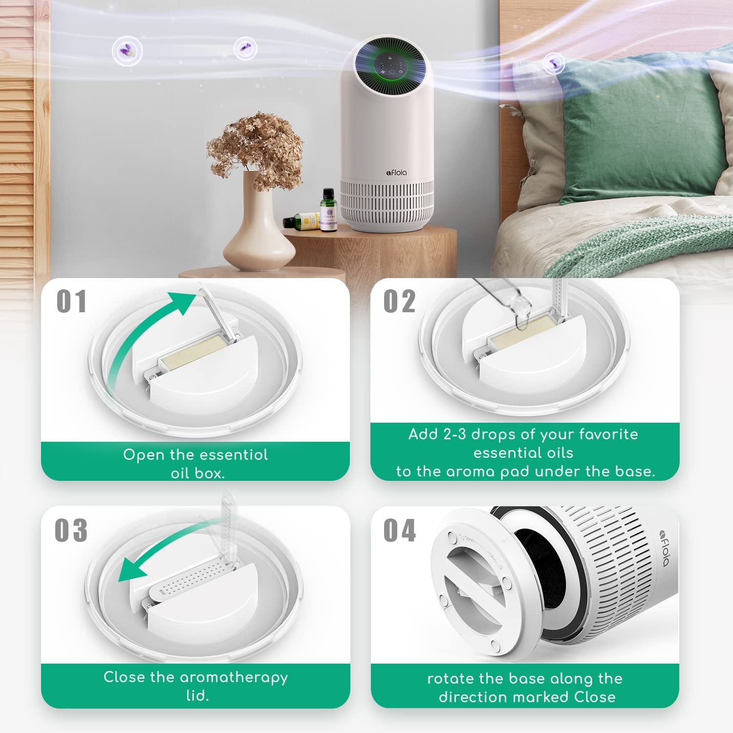 Afloia Air Purifier for Home with Essential Oil Diffuser| H13 Ture Hepa Filter Air Cleaner for Allergies, Remove 99.99% Pets Hair Odor Dust Smoke Mold Pollen, Fillo White image number 2