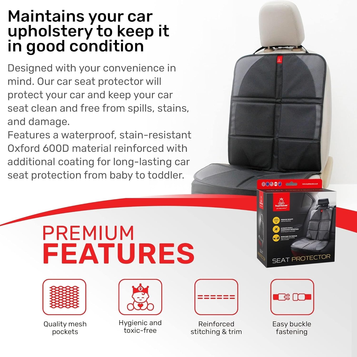 Royal Rascals Baby Car Seat Protector for Baby Seat, Padded Car Seat Covers with Headrest Fastener, Universal Car Seat Covers with Organiser Pockets - Waterproof Baby Car Seat Covers - Single Pack image number 2