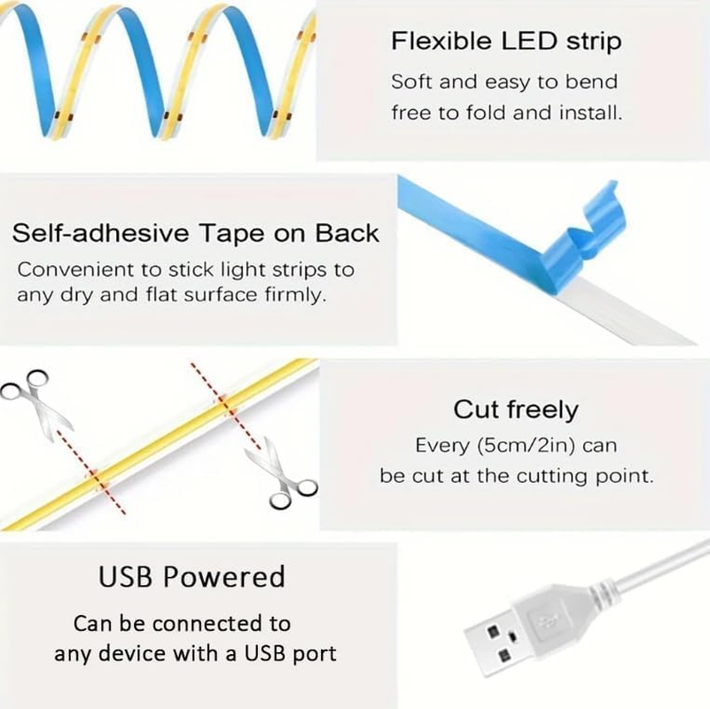 TOPXCDZ Dimmable USB COB LED Strip, White, 6500 K Adhesive Tape, LED Stripe, 5 V TV LED Backlight with On/Off Switch for Bedroom, Home, DIY Lighting (White, 1 M) image number 6