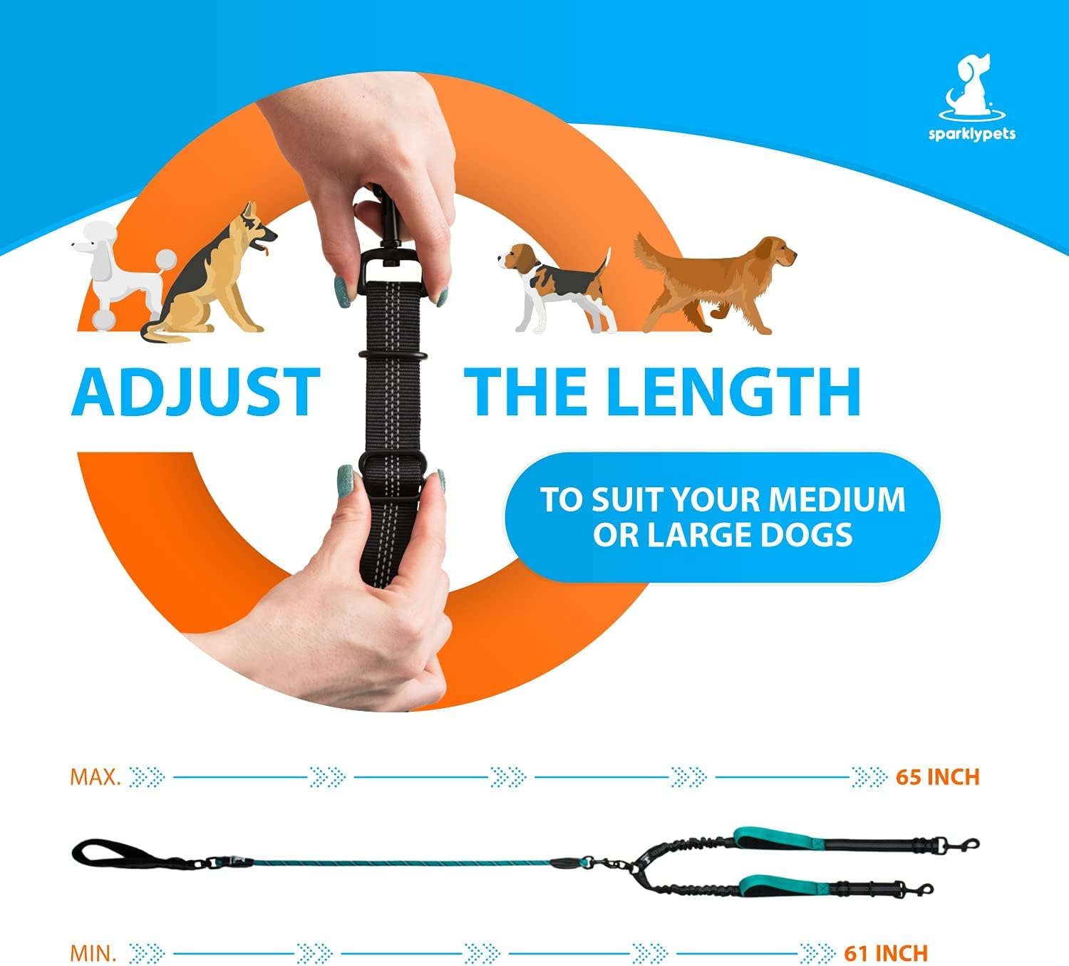 Sparklypets Double Dog Leash for 2 Dogs &ndash; Rope Bungee Dual Leash for Medium and Large Dogs with Padded Handles & Tangle Free (Teal, Medium/Large) image number 7