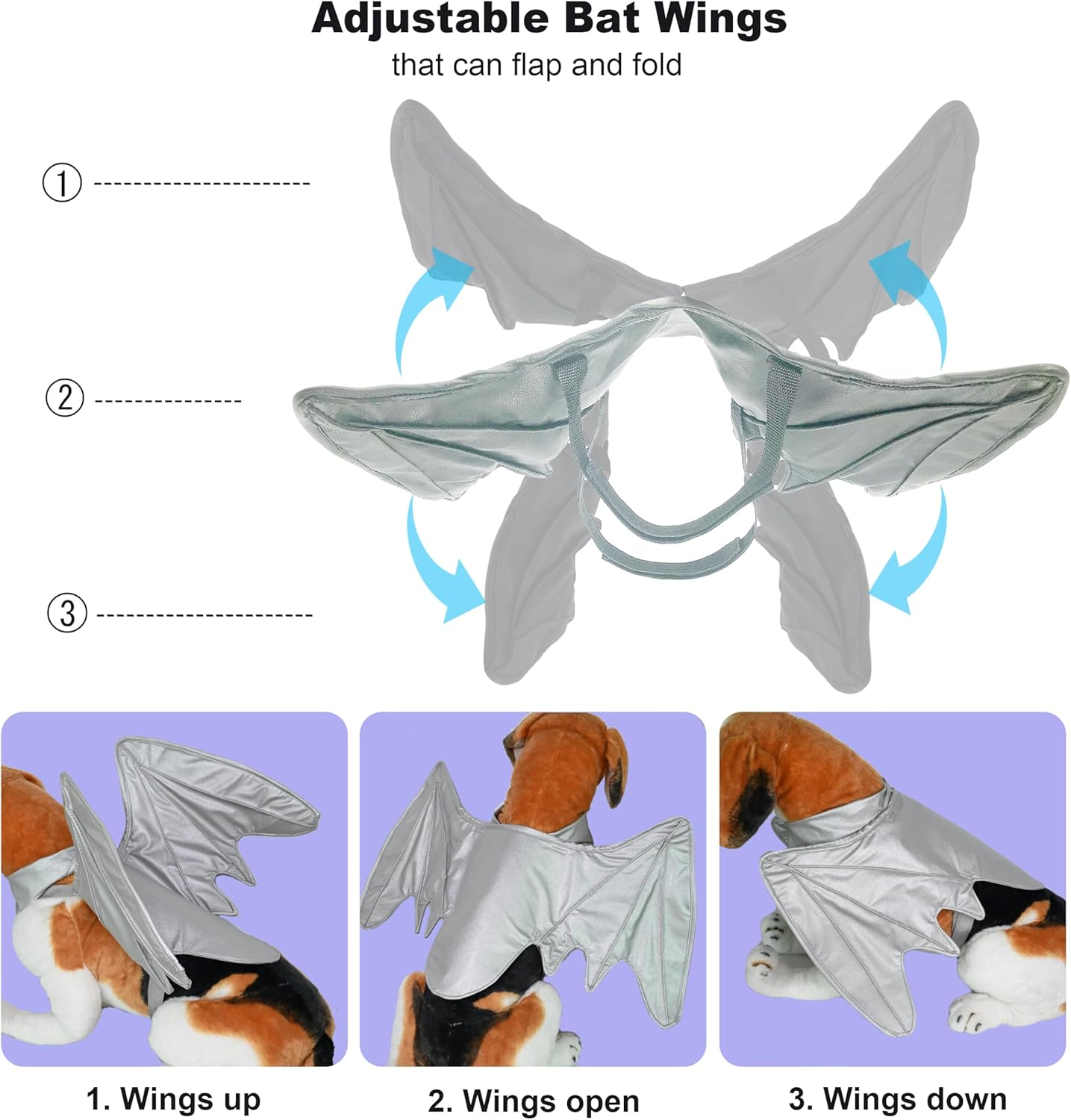 Funny Bat Dragon Wing Costumes for Dog, Cute Furry Pet Clothing for Halloween (Silver Wing, Size M) image number 2