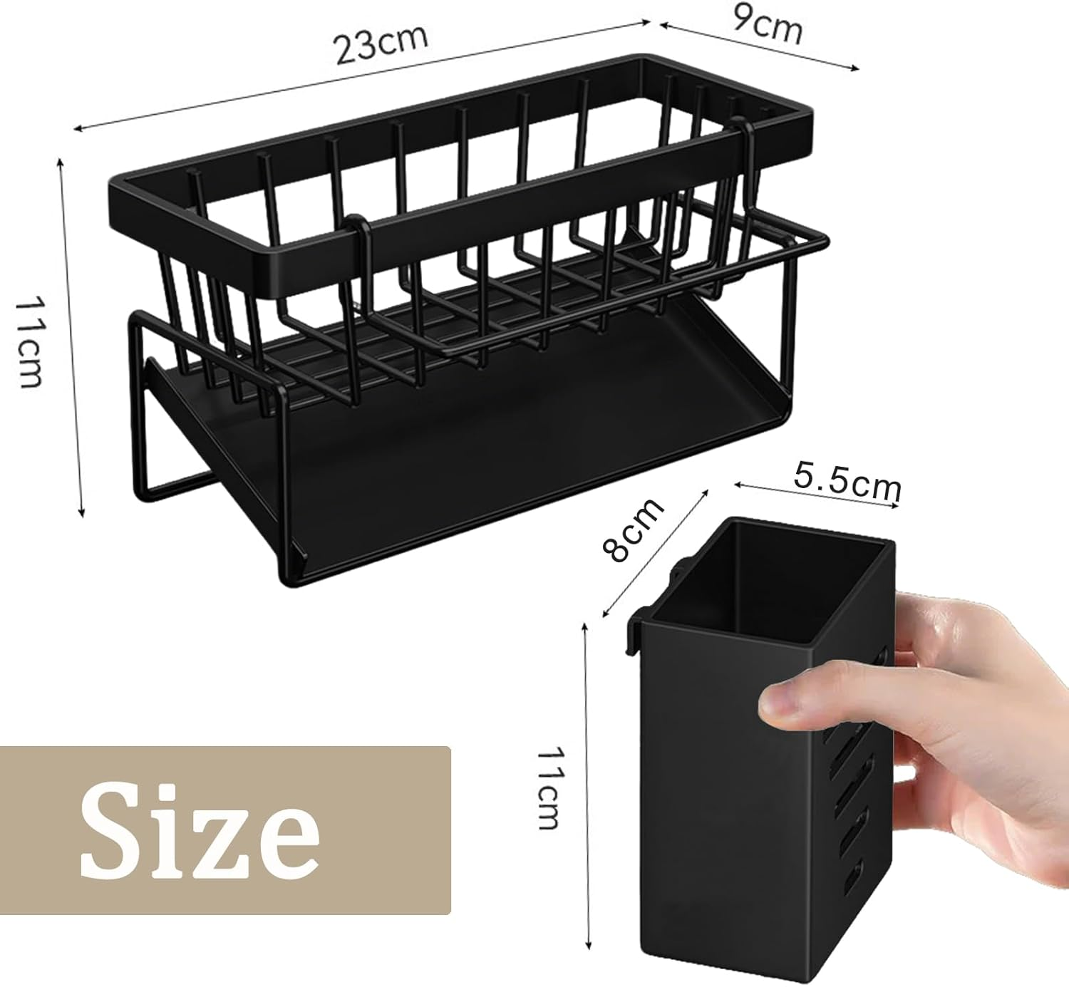 Merrynine Kitchen Sink Caddy Organizer with Brush Holder, Rustproof Stainless Steel Sponge Holder for Kitchen Sink with Self Draining Tray, Dish Soap Scrubber Brush Dishcloth Holder, Black image number 5