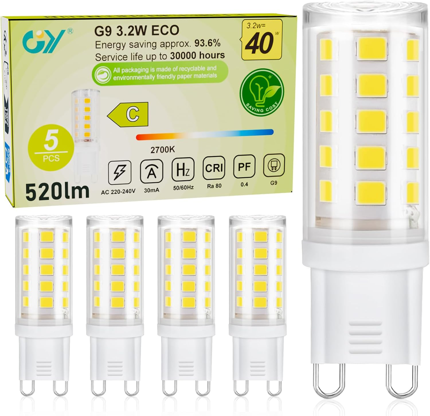 GY G9 LED Bulbs,3.2W Neutral White 4000K Energy Saving Light Bulbs,Equivalent to 40W,520 Lumen No Flicker, Not Dimmable for Home Lighting Decor,5 Pack