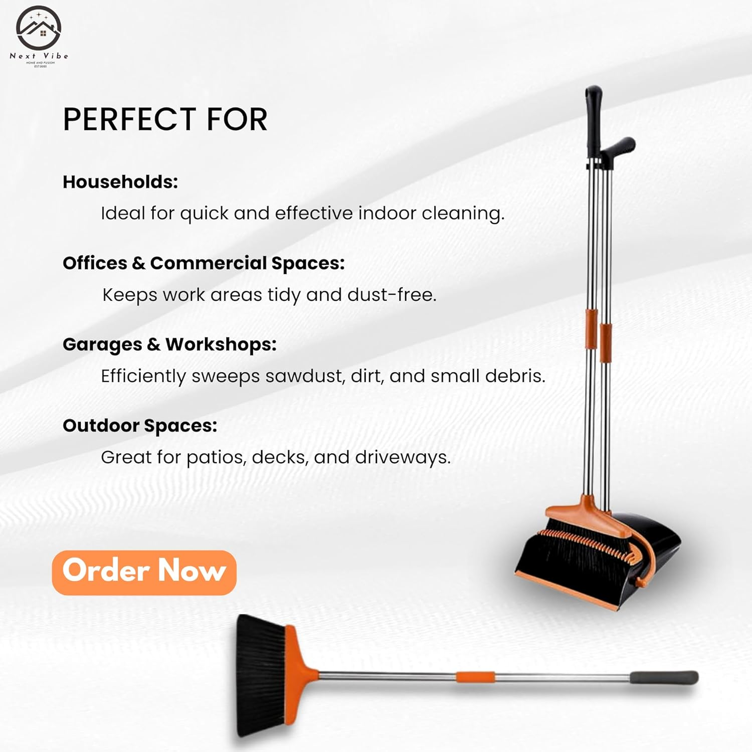 Heavy-Duty Long Handle Broom and Dustpan Set &ndash; 124Cm Broom & 122Cm Dustpan &ndash; Upright Standing Sweeping Combo for Home, Kitchen, Office & Outdoor Cleaning &ndash; Black & Orange image number 1