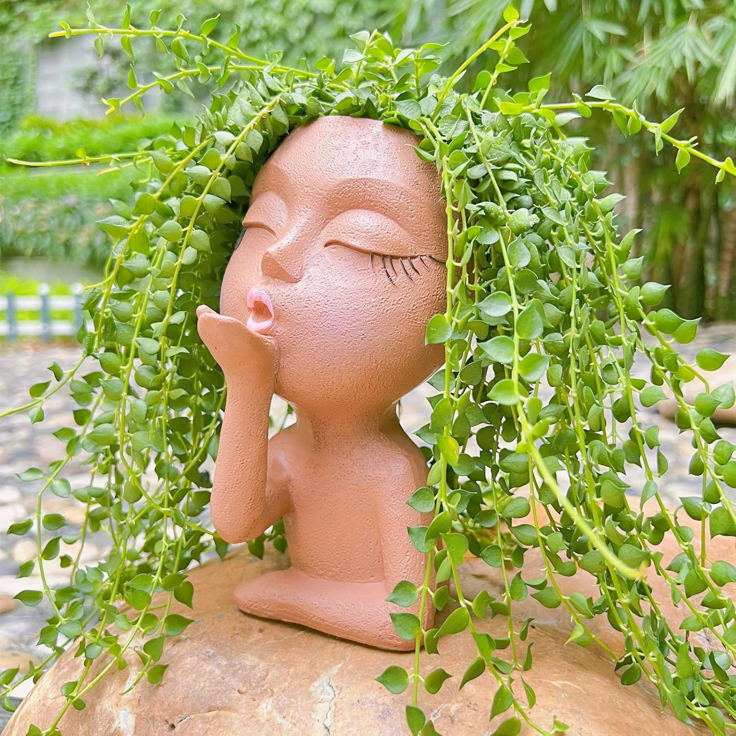 Eylbkey Brown Resin Handcrafted Cute Flower Pot, Suitable for Indoor and Outdoor Use, with Drain Hole and Anti-Friction Pads - White image number 5