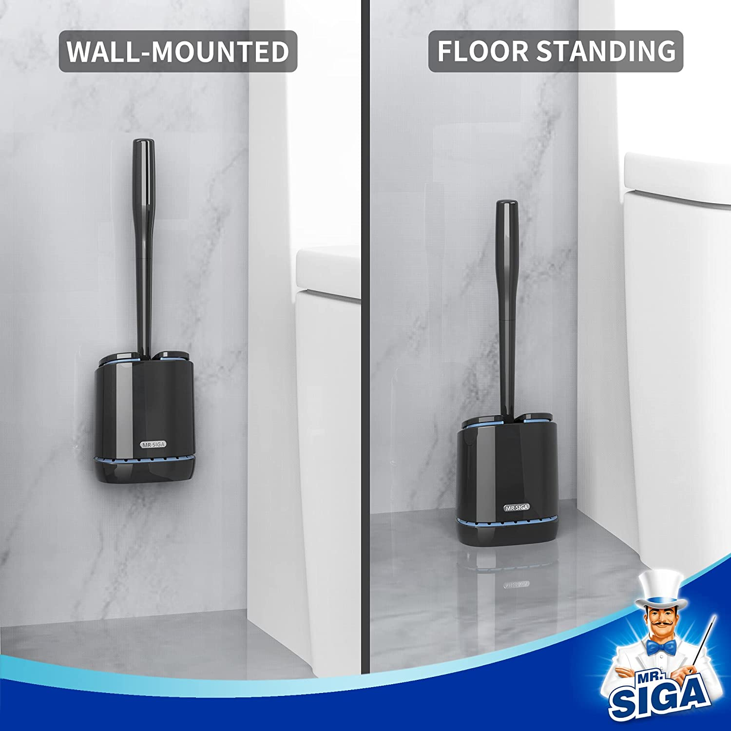 MR.SIGA Toilet Bowl Brush and Holder, Durable and Flexible Bristles, Wall Mounted Toilet Brush for Bathroom Cleaning, Black, 1 Pack image number 1
