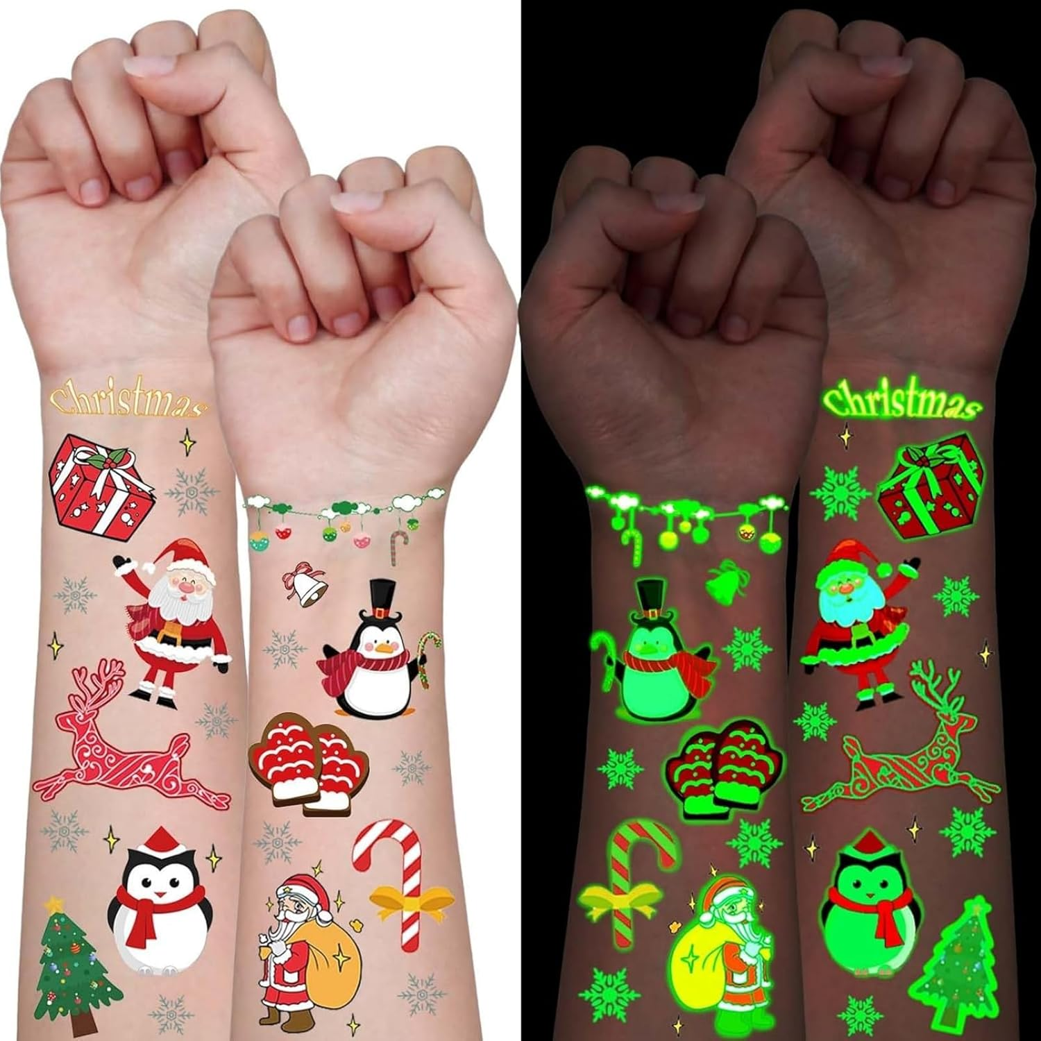 Itadaku 12 Sheets Luminous Christmas Temporary Tattoos, Glow in the Dark Christmas Tattoos for Stocking Stuffers, Holiday Party Favors & Gift Stickers