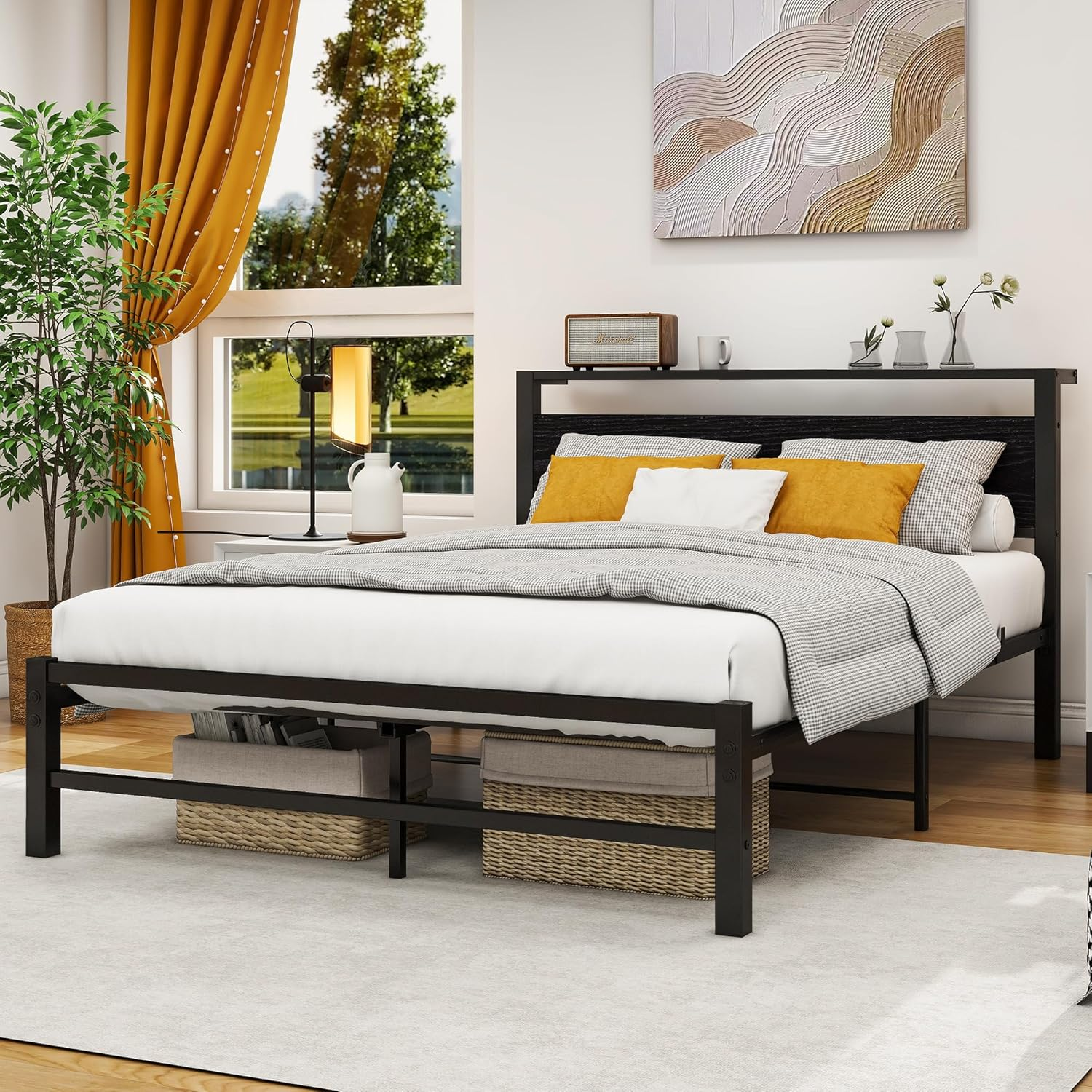 Double Size Metal Platform Bed Frame with Storage Headboard, Bed Frame Double Size No Box Spring Needed, Sturdy Steel Slat, Easy Assembly, Non-Slip Noise Free, Black image number 4