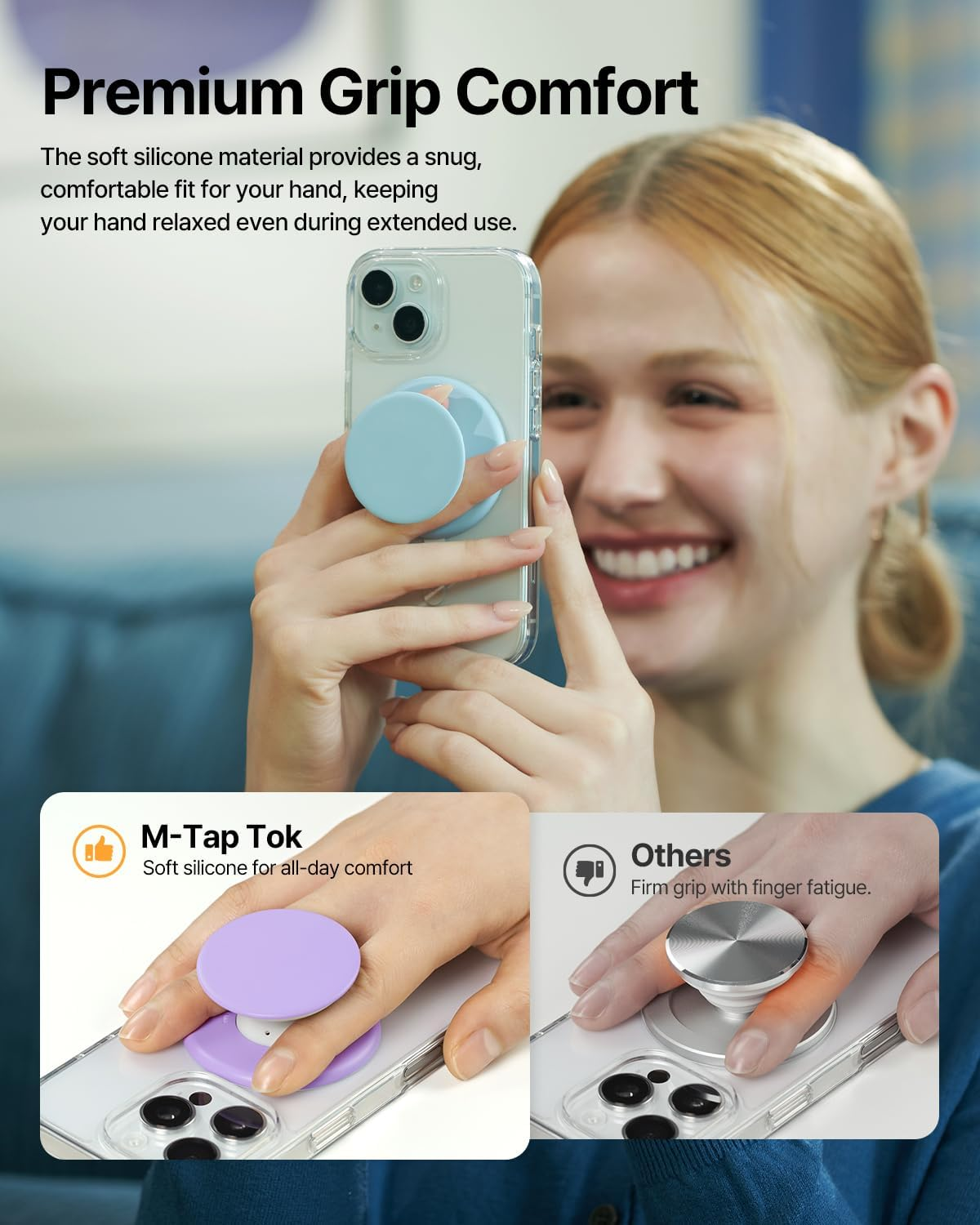 Sinjimoru for Magsafe Phone Grip, Soft Silicone Magnetic Finger Grip for Iphone 17/16/15/14/13, Comfortable One-Touch Holding, M-Tap Tok Black - Blue image number 3