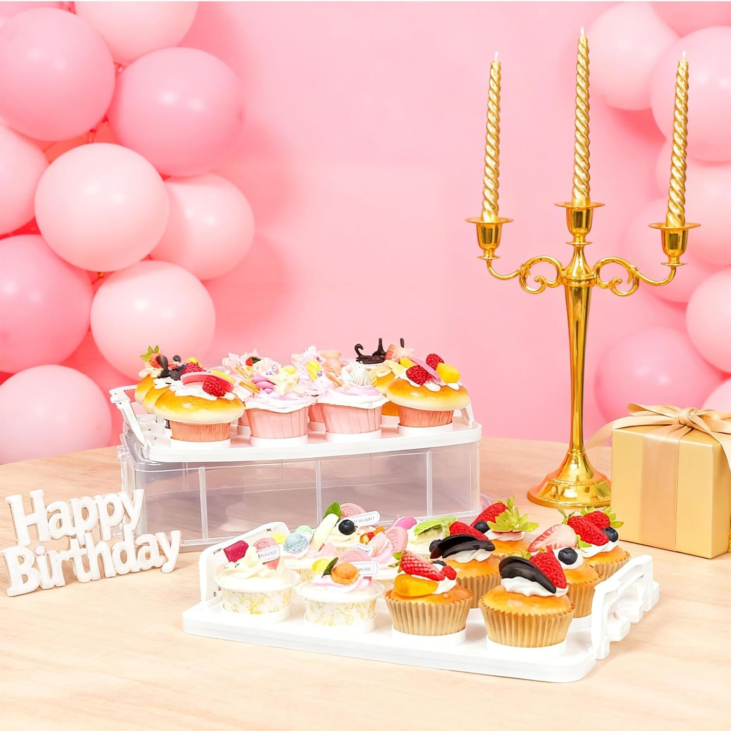 NNAKLLI Plastic Cupcake Carrier, Stackable Cupcake Holder Carries with Lid & Handles, Fruits, Cookie, Cake, Cupcake and Brownie Storage Carrier, Reusable Cupcake Boxes (Transparent, 24 Holders) image number 5