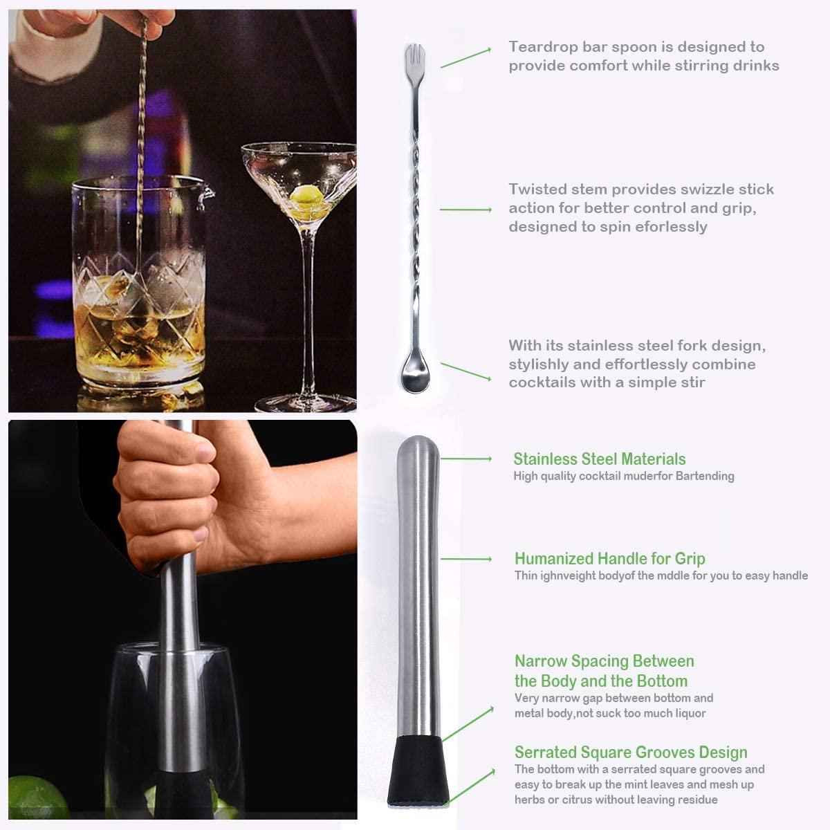 Muddler,Durable Muddler Pestle,Perfect Professional Bartender Kit,Stainless Steel Muddler Bar Tool(3Pcs) image number 4