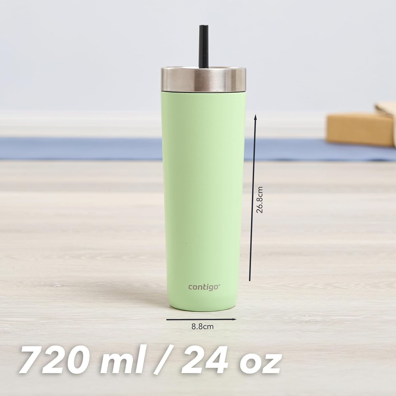 Contigo No-Spill Tumbler with Straw 720 Ml | 100% Leak-Proof & Spill-Proof | Stainless Steel Vacuum Insulated Water Bottle with Lid | Cold for 14 Hours | Travel Mug | Thermal Flask | BPA Free - Cucumber image number 3